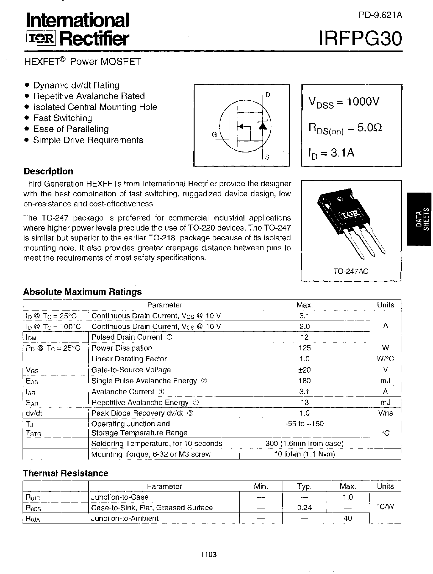 Datasheet IRFPG30 - Power MOSFET page 1
