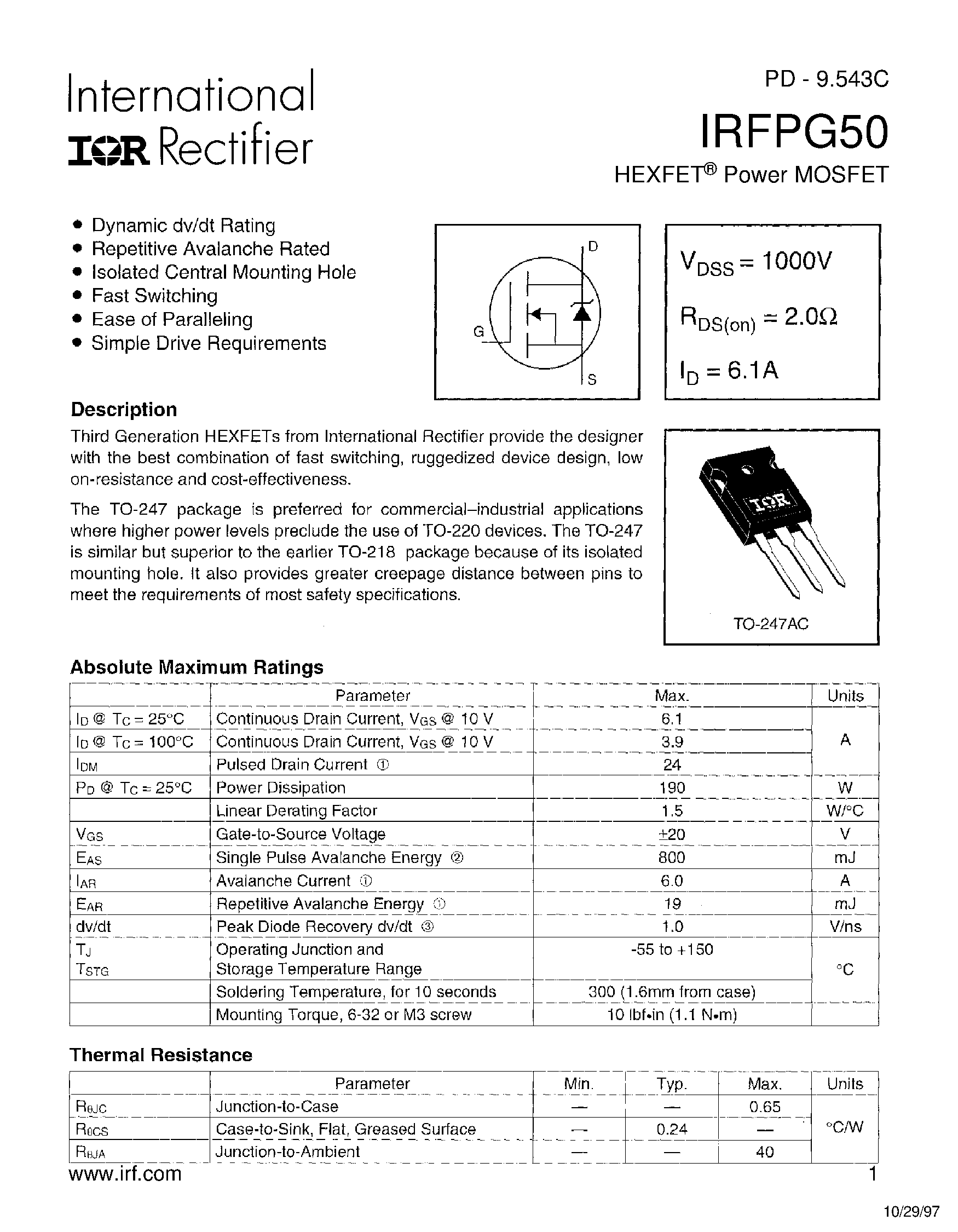 Даташит IRFPG50 - Power MOSFET страница 1