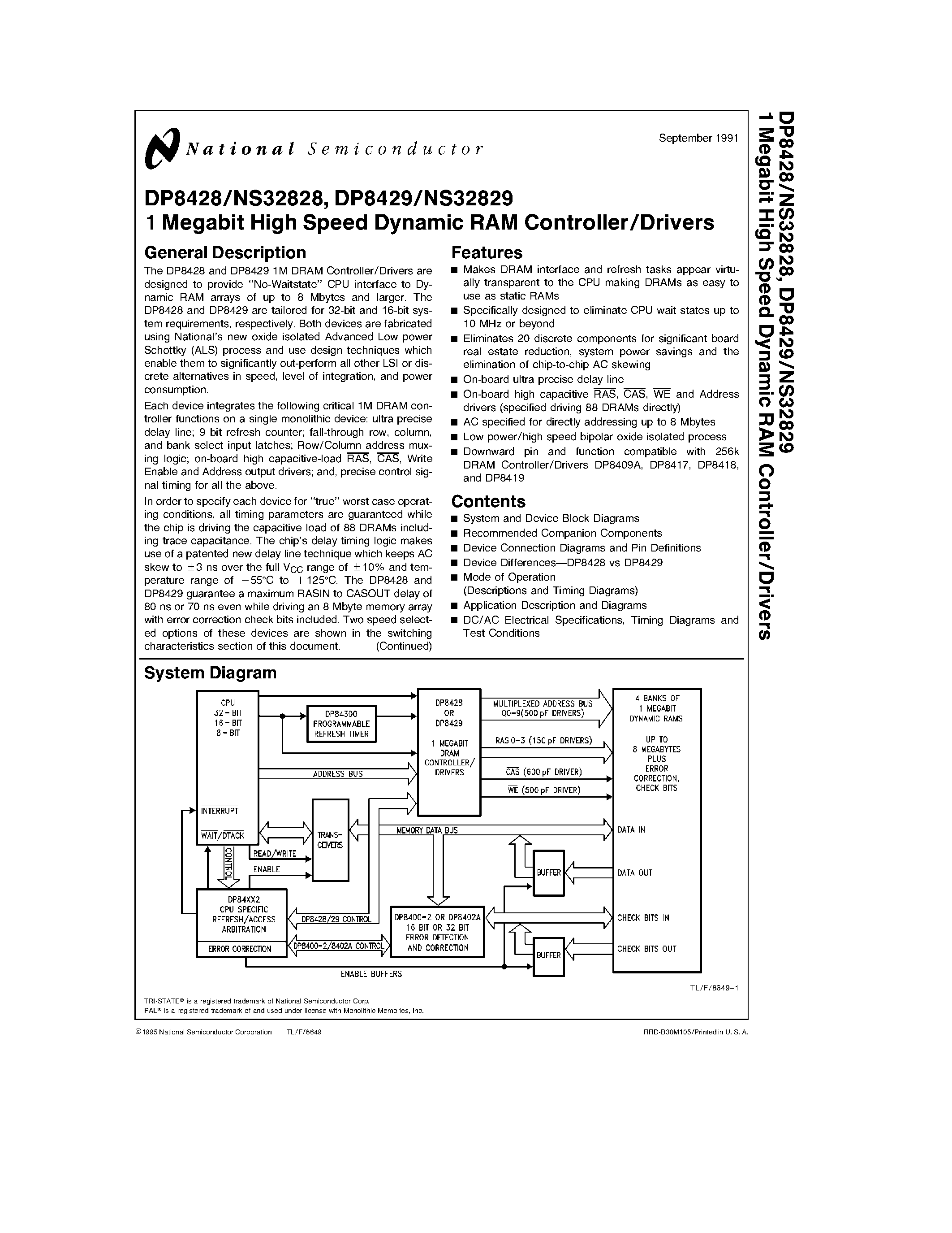 Даташит DP8428 - (DP8428 / DP8429) 1 Megabit High Speed Dynamic RAM Controller/Drivers страница 1