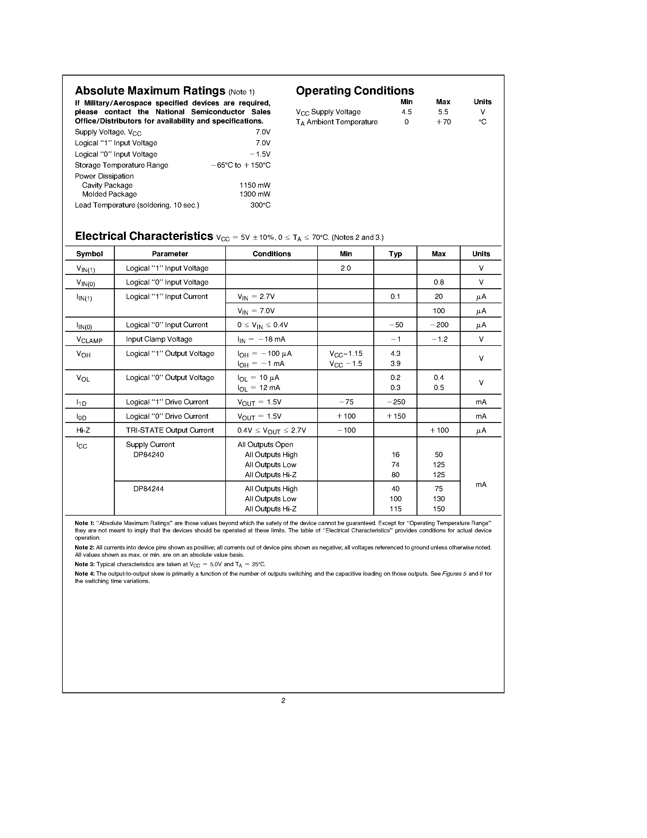 Даташит DP84240 - (DP84240 / DP84244) TRI-STATE Drivers Which are Designed For Heavy Capacitive Load Applications страница 2