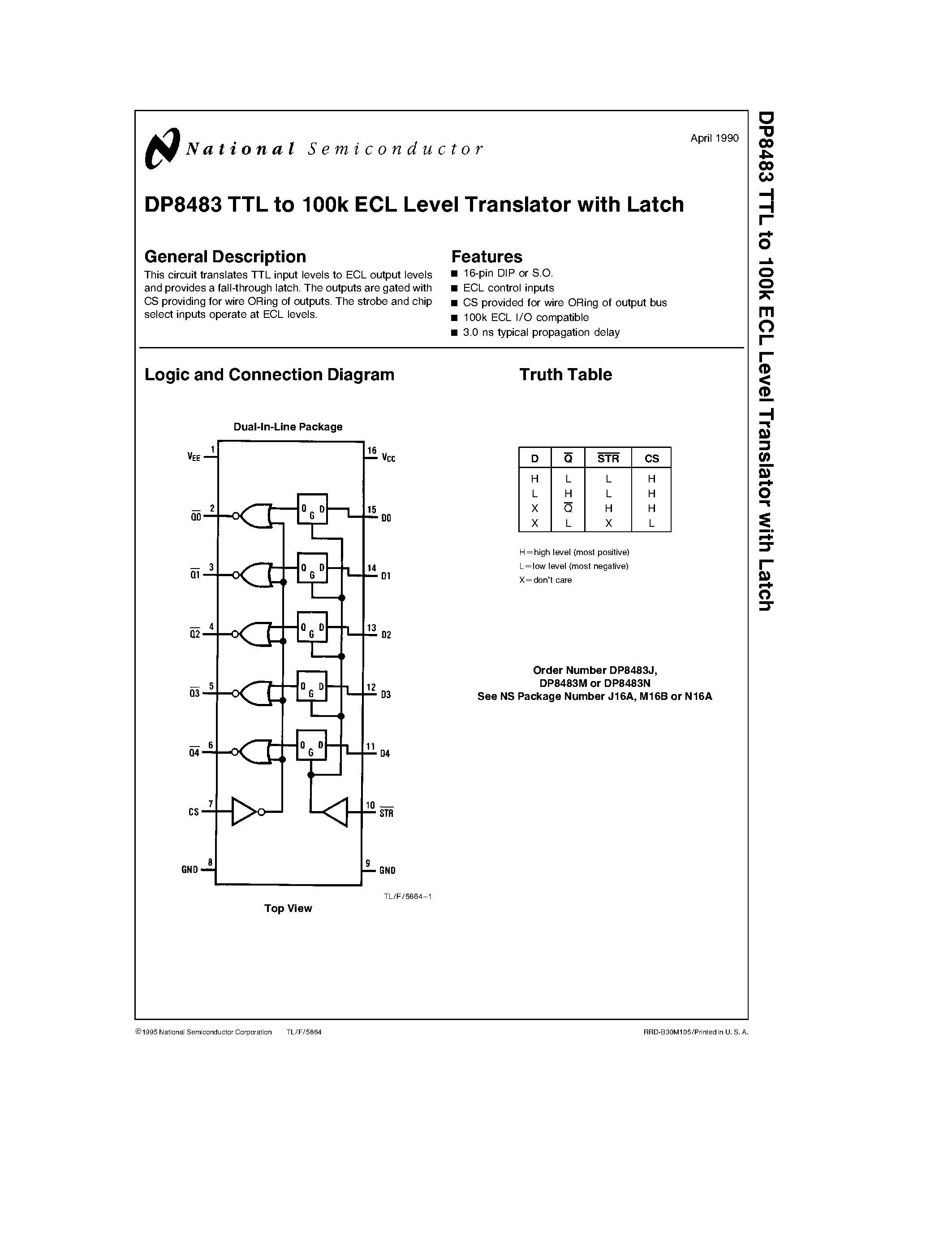 Datasheet DP8483 - TTL to 100k ECL Level Translator with Latch page 1