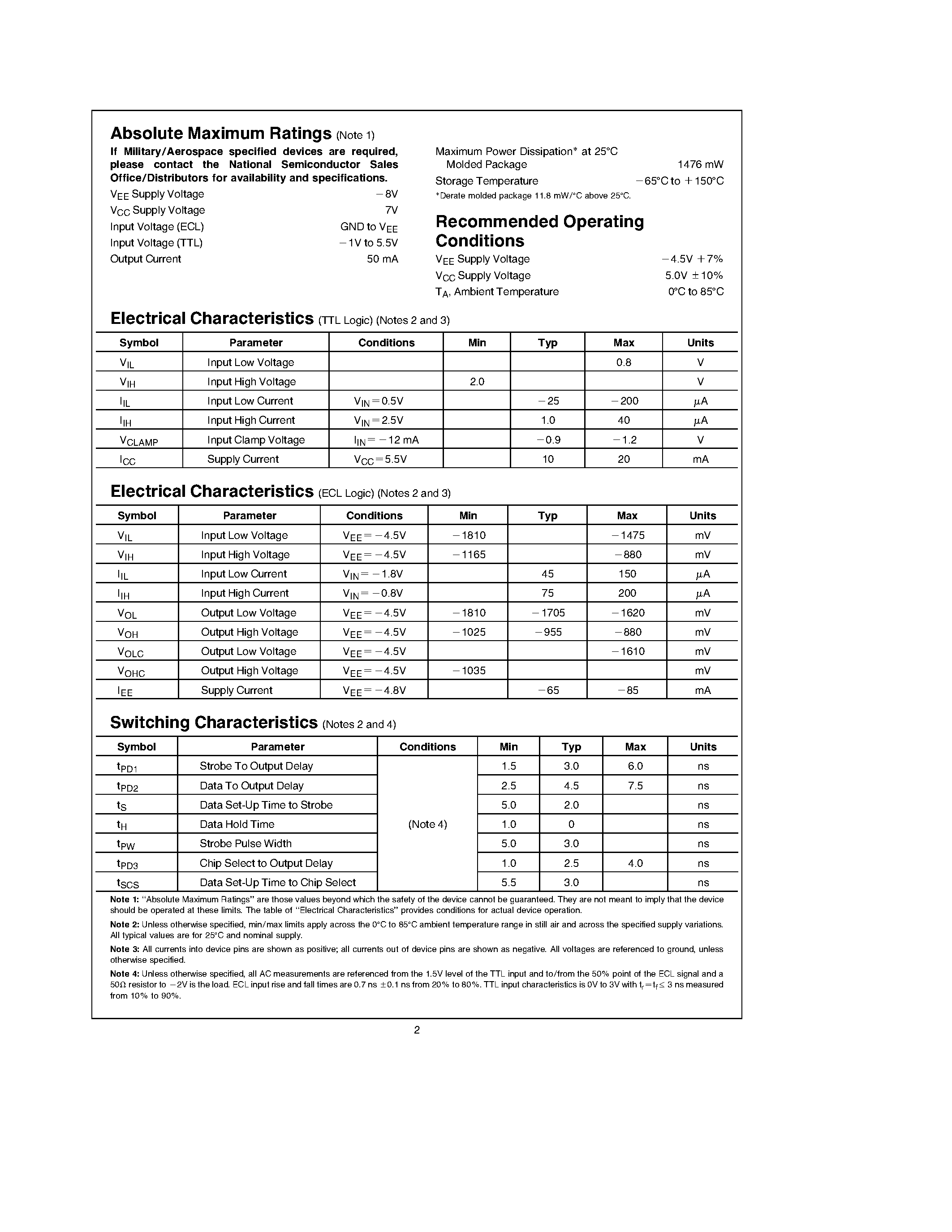 Datasheet DP8483 - TTL to 100k ECL Level Translator with Latch page 2