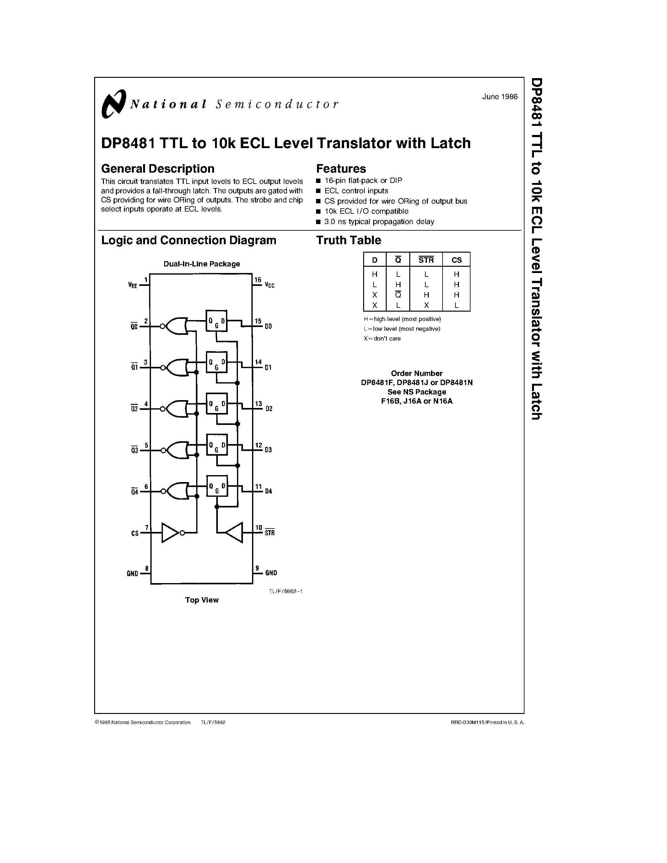 Datasheet DP8481 page 1 Datasheet DP8481 - TTL to 10k ECL Level Translator with Latch page 1