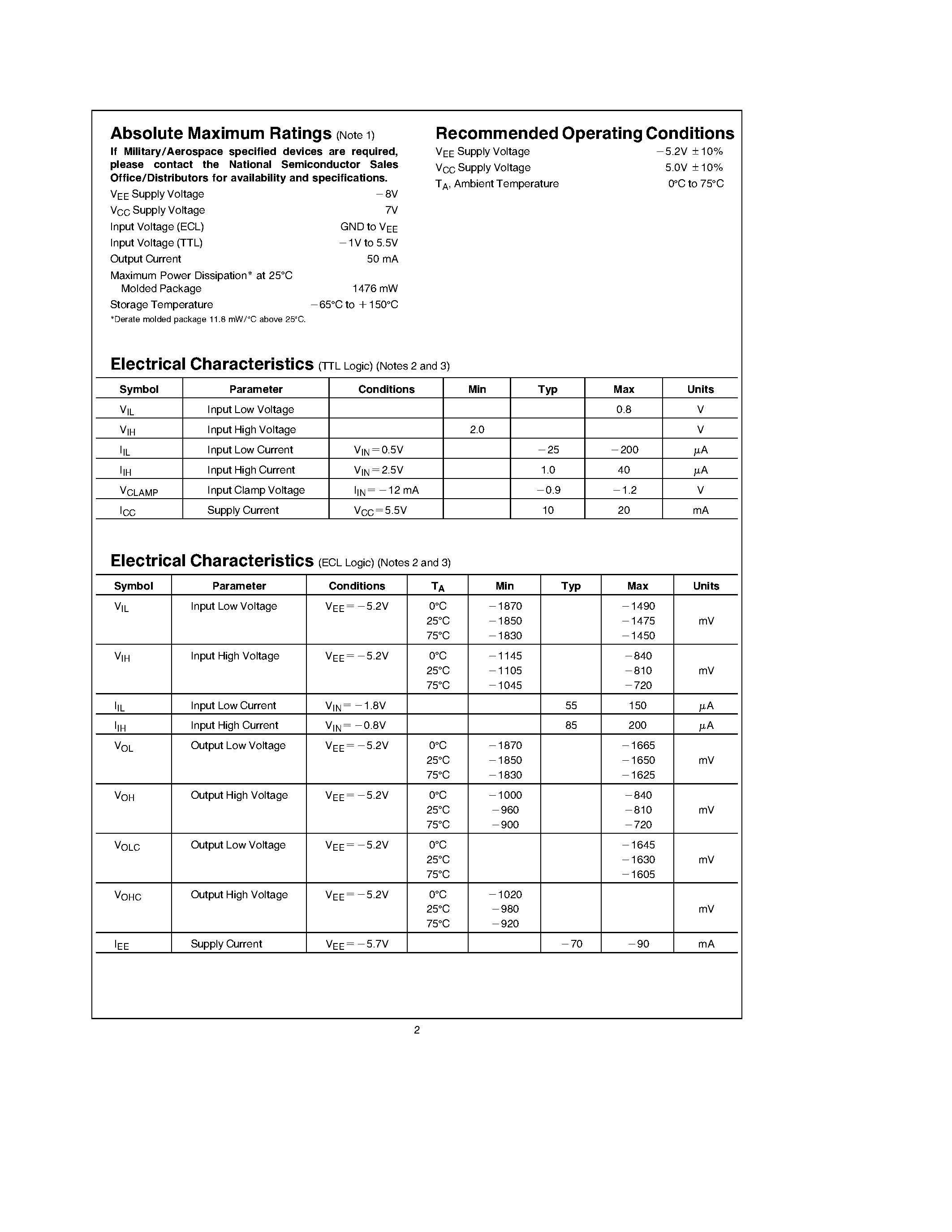 Datasheet DP8481 page 2 Datasheet DP8481 - TTL to 10k ECL Level Translator with Latch page 2
