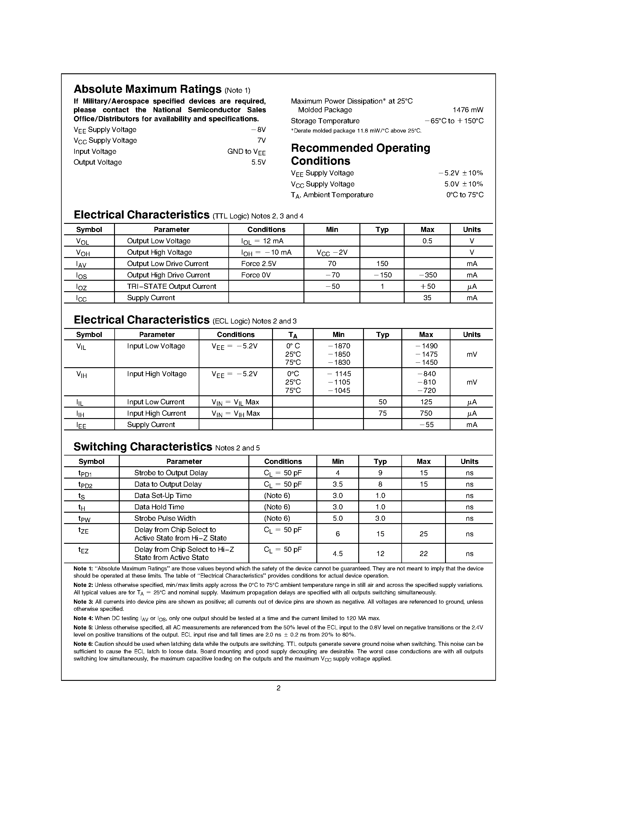 Datasheet DP8480A - DP8480A 10k ECL to TTL Level Translator with Latch page 2