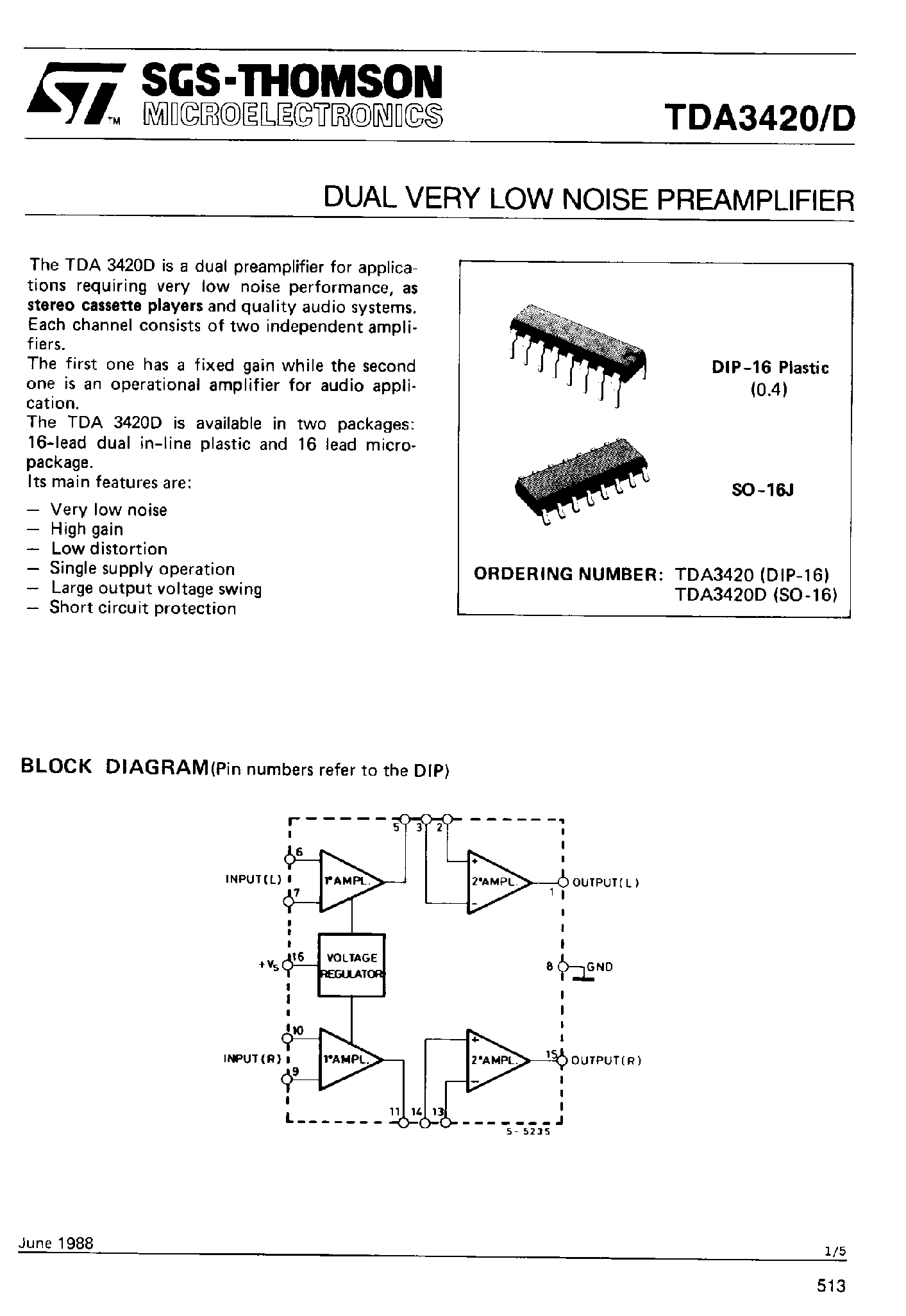 Datasheet TDA3420 page 1 Datasheet TDA3420 - DUAL VERY LOW NOISE PREAMPLIFIER page 1