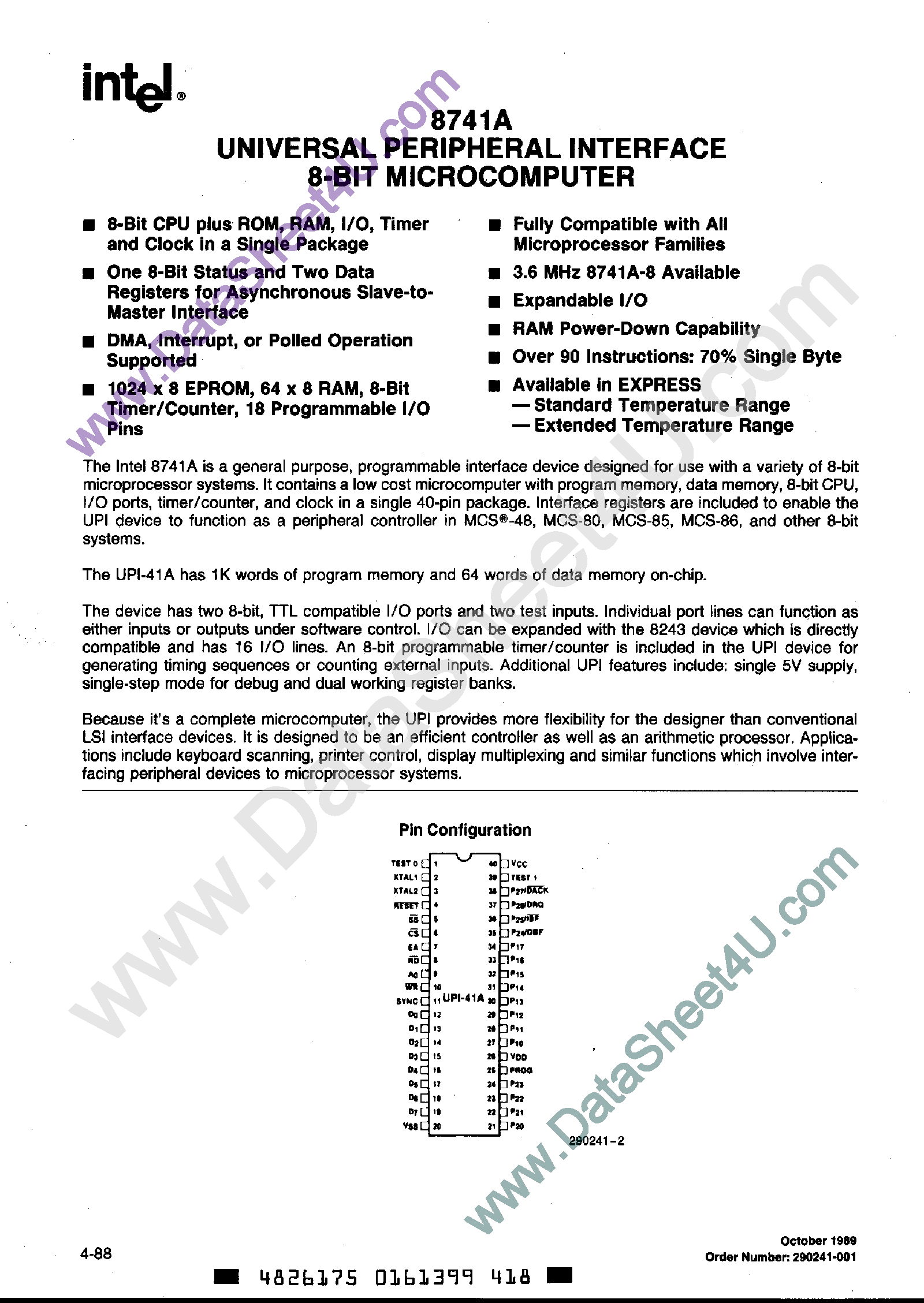 Datasheet D8741A - Universal Peripheral Interface 8-Bit Microcomputer page 1