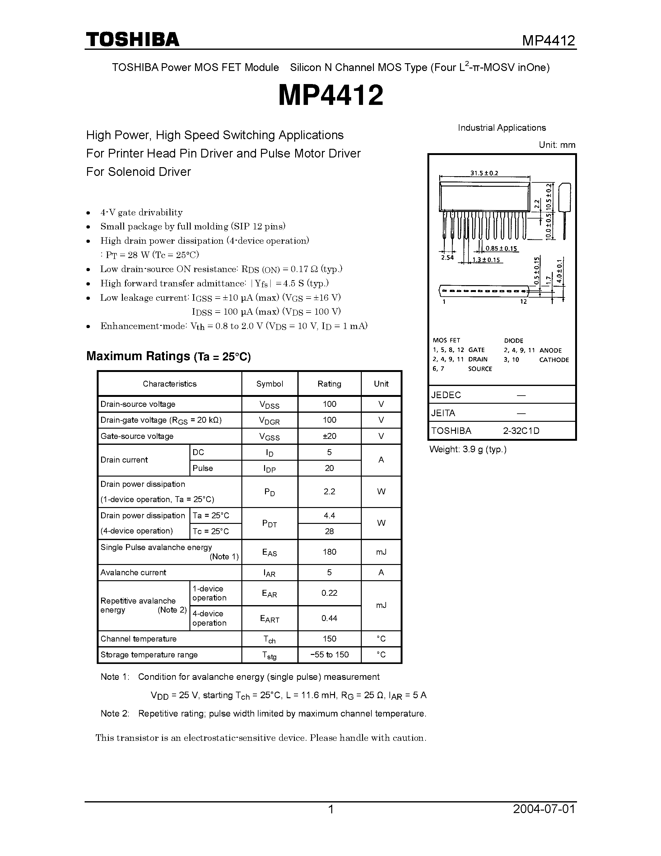 Datasheet MP4412 - Silicon N Channel MOS Type page 1
