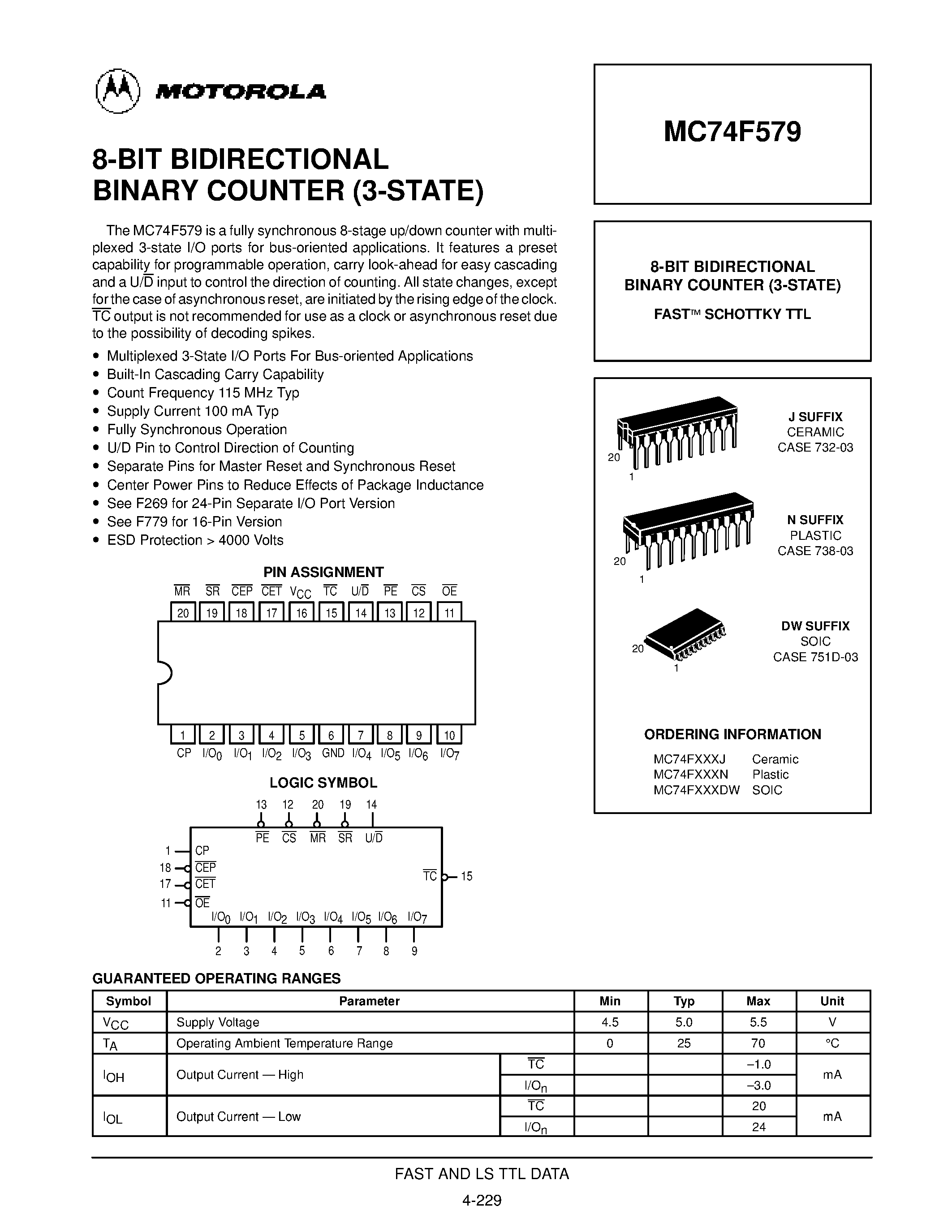 Даташит MC74F579 - 8-BIT BIDIRECTIONAL BINARY COUNTER (3-STATE) страница 1