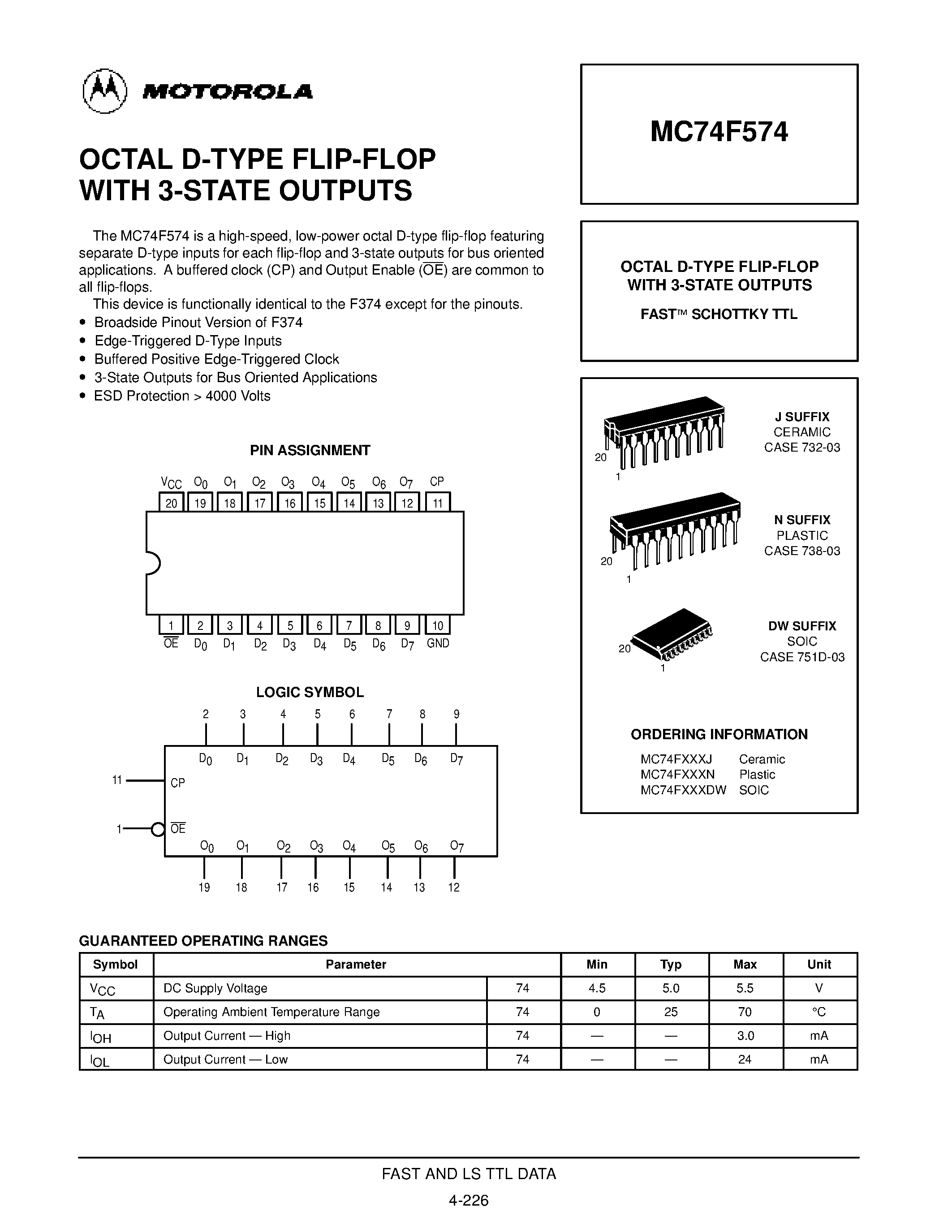 Даташит MC74F574 - OCTAL D-TYPE FLIP-FLOP WITH 3-STATE OUTPUTS страница 1