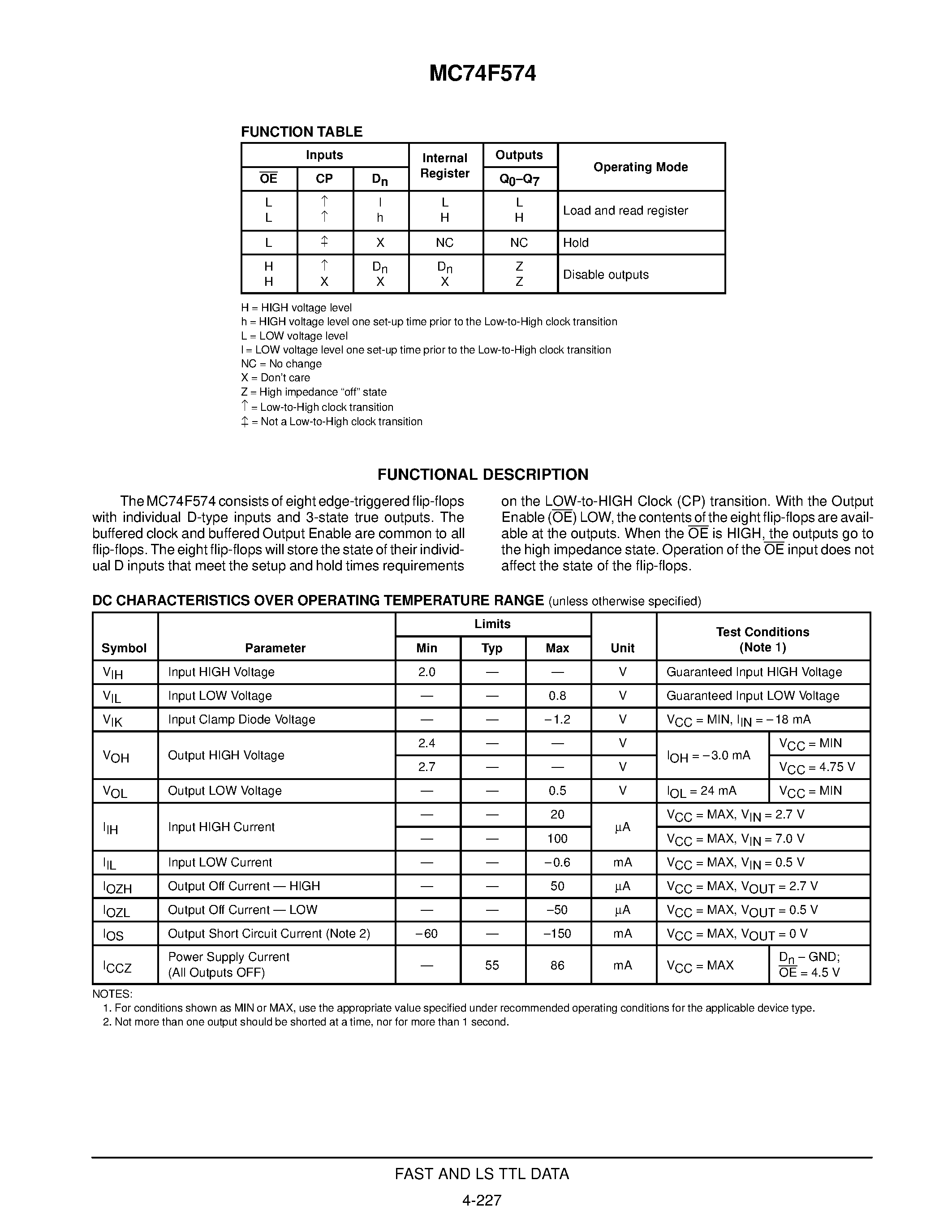Даташит MC74F574 - OCTAL D-TYPE FLIP-FLOP WITH 3-STATE OUTPUTS страница 2