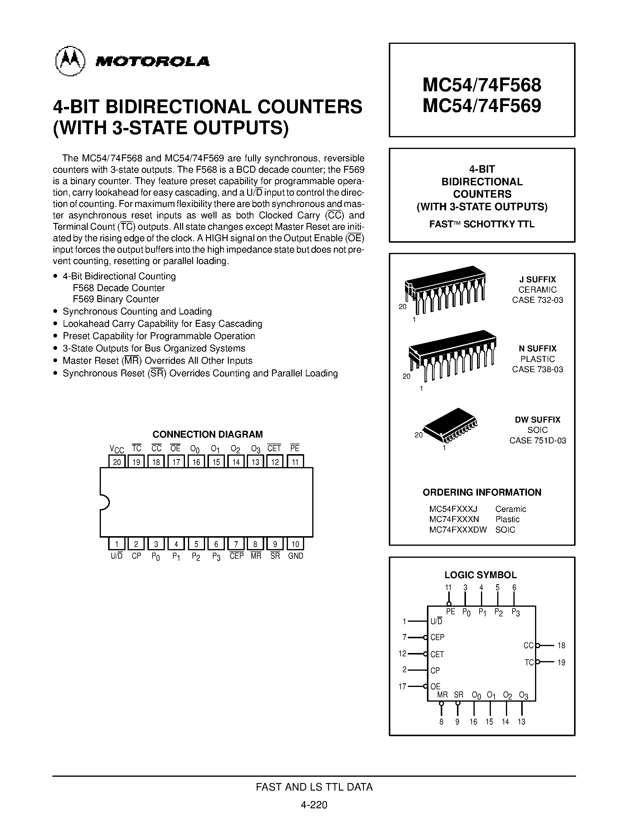 Даташит MC74F568 - (MC74F568 / MC74F569) 4-BIT BIDIRECTIONAL COUNTERS(WITH 3-STATE OUTPUTS) страница 1