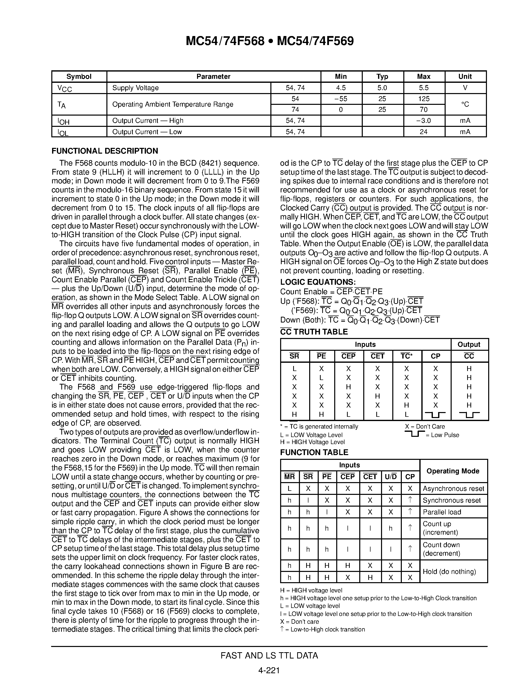 Datasheet MC74F568 - (MC74F568 / MC74F569) 4-BIT BIDIRECTIONAL COUNTERS(WITH 3-STATE OUTPUTS) page 2