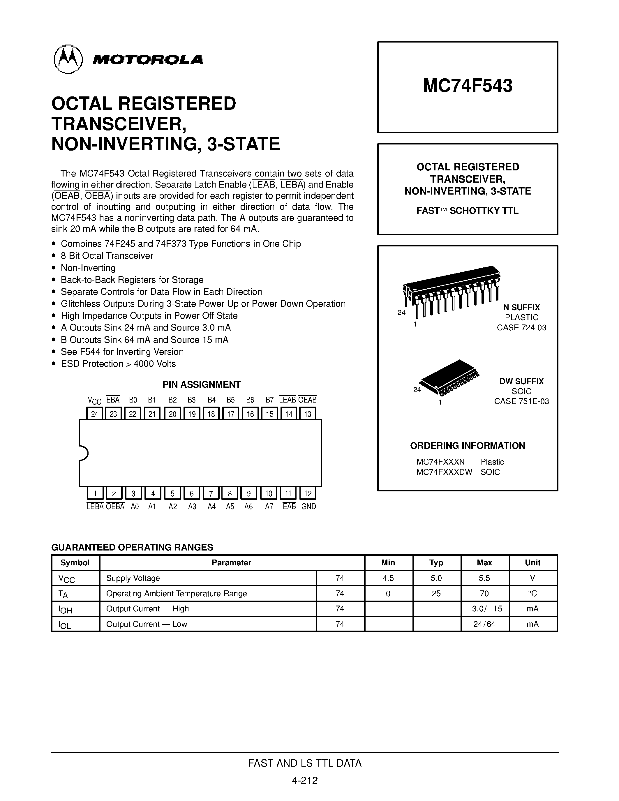 Даташит MC74F543 - OCTAL REGISTERED TRANSCEIVER / NON-INVERTING / 3-STATE страница 1