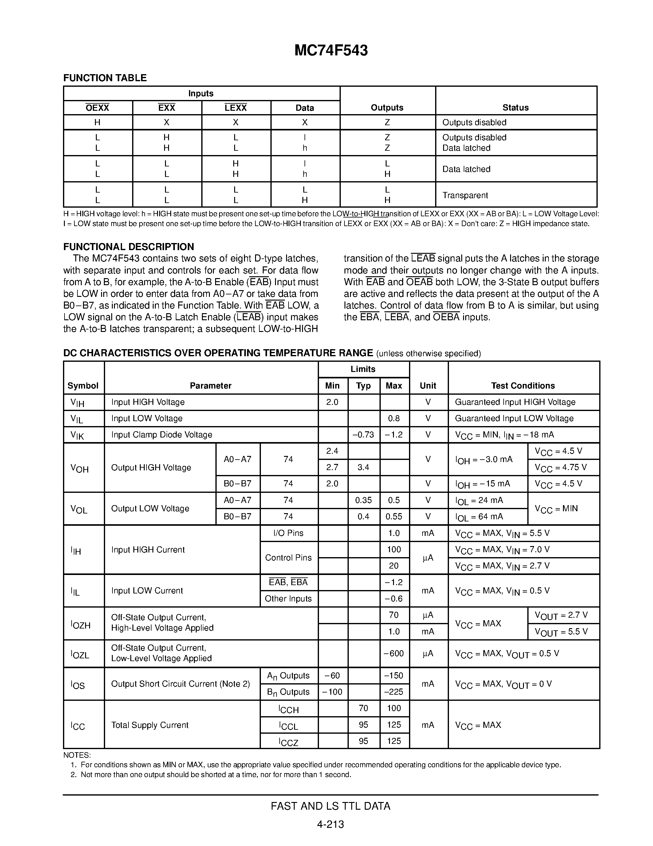 Даташит MC74F543 - OCTAL REGISTERED TRANSCEIVER / NON-INVERTING / 3-STATE страница 2