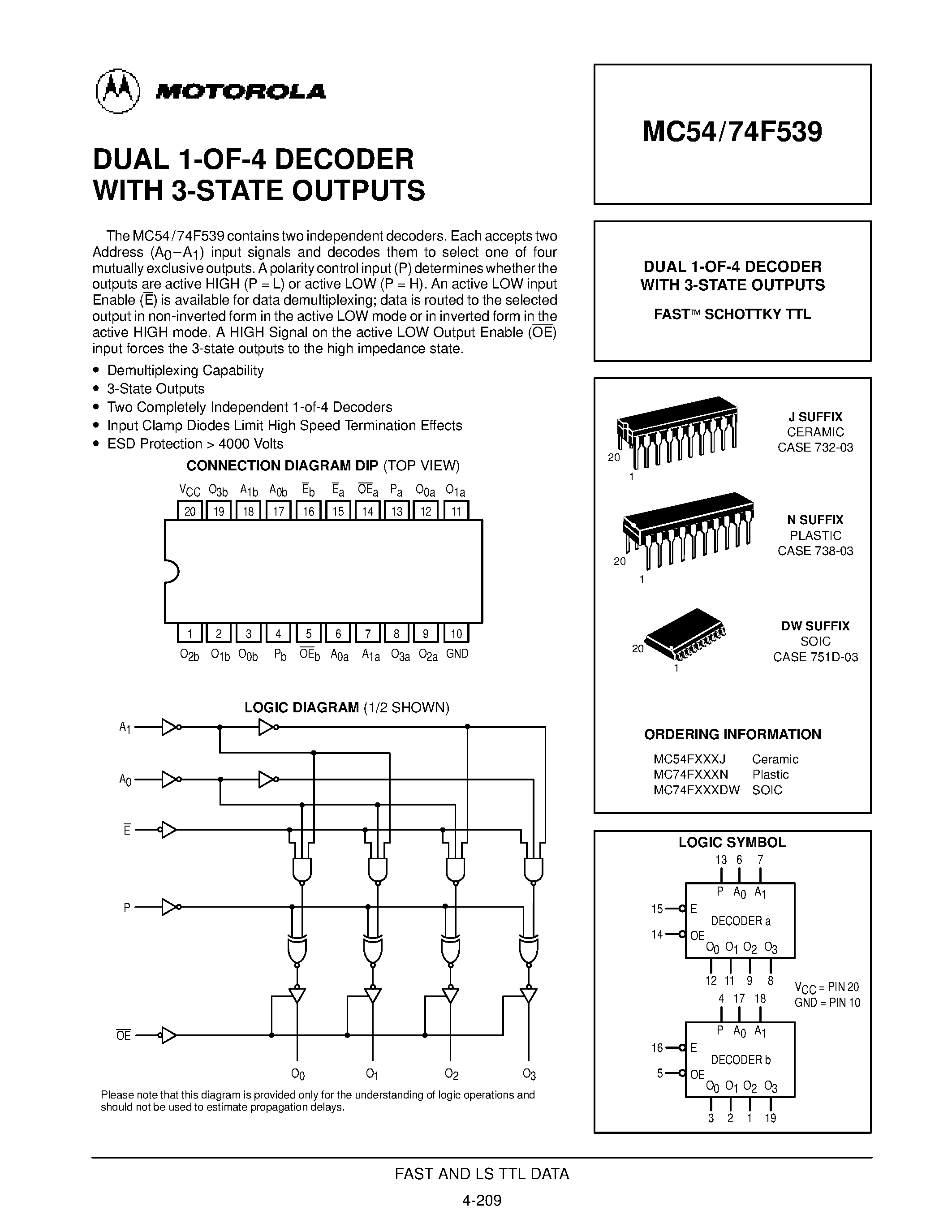 Datasheet MC74F539 page 1 Datasheet MC74F539 - DUAL 1-OF-4 DECODER WITH 3-STATE OUTPUTS page 1