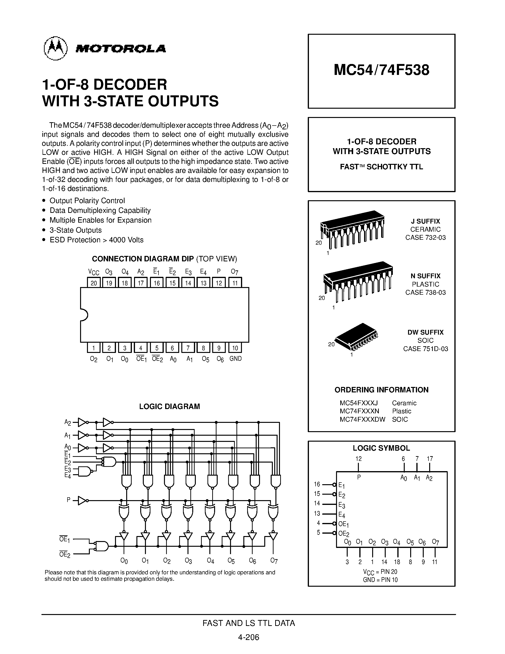 Даташит MC74F538 - 1-OF-8 DECODER WITH 3-STATE OUTPUTS страница 1