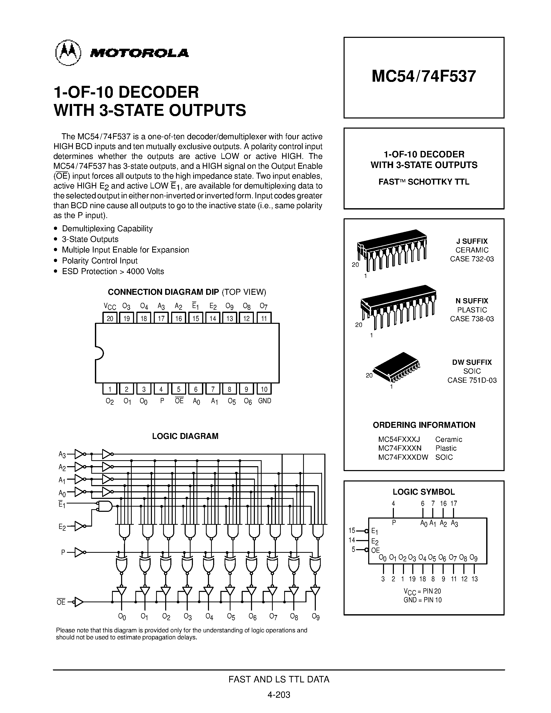 Даташит MC74F537 - 1-OF-10 DECODER WITH 3-STATE OUTPUTS страница 1