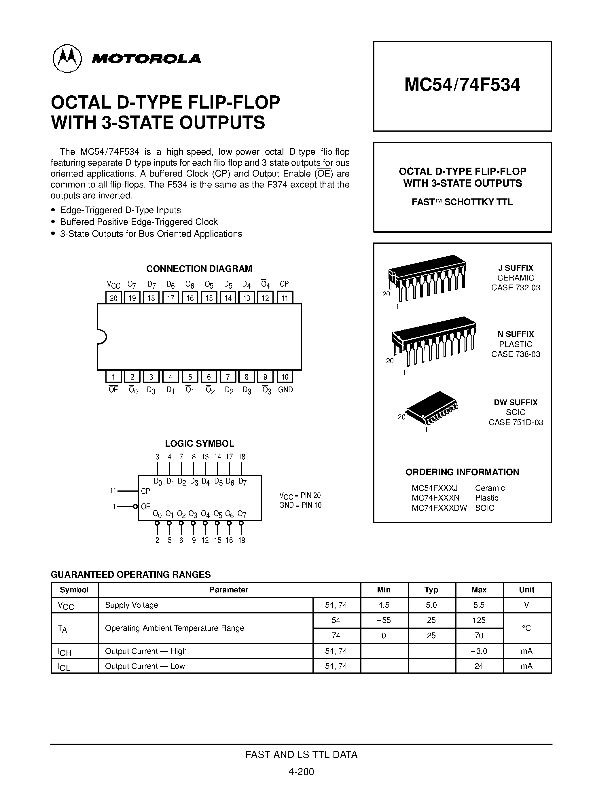 Даташит MC74F534 - OCTAL D-TYPE FLIP-FLOP WITH 3-STATE OUTPUTS страница 1