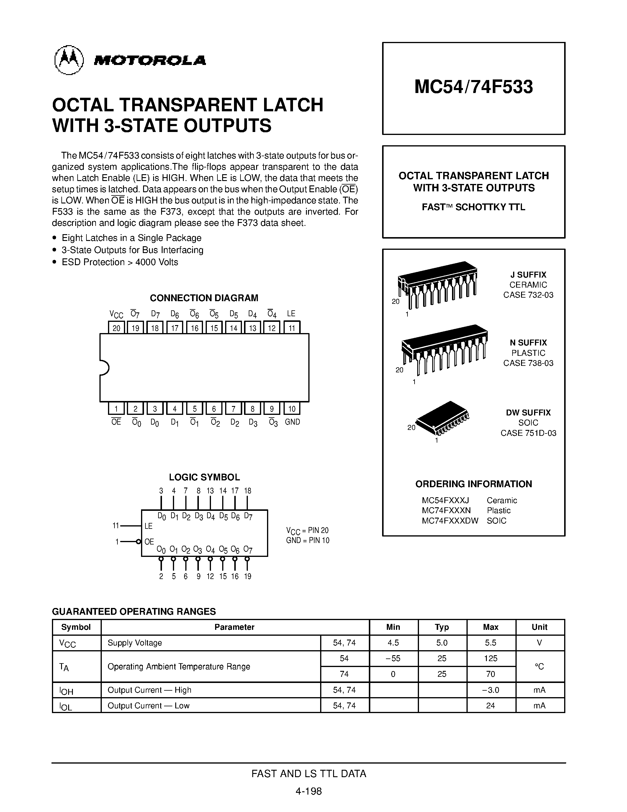 Даташит MC74F533 - OCTAL TRANSPARENT LATCH WITH 3-STATE OUTPUTS страница 1