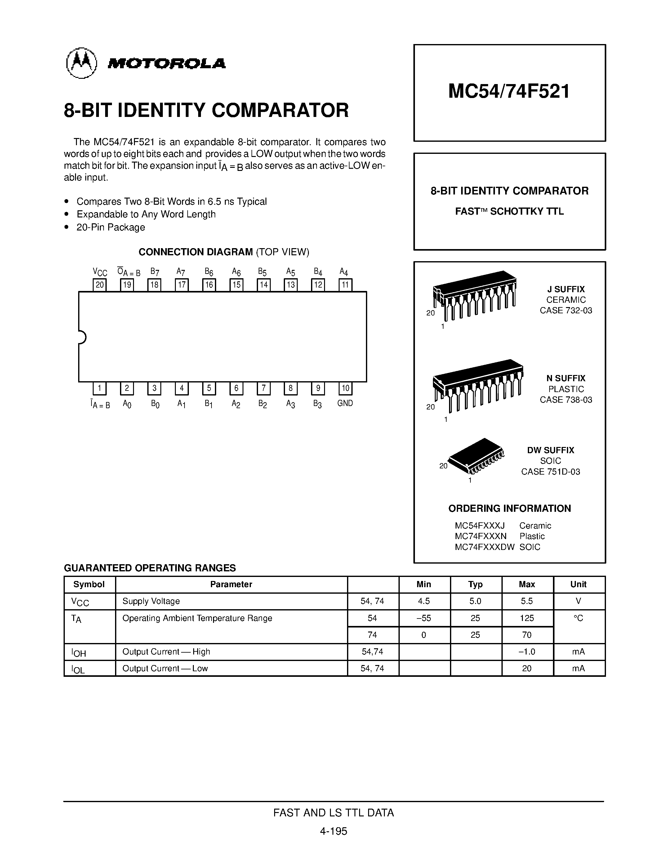 Даташит MC74F521 - 8-BIT IDENTITY COMPARATOR страница 1