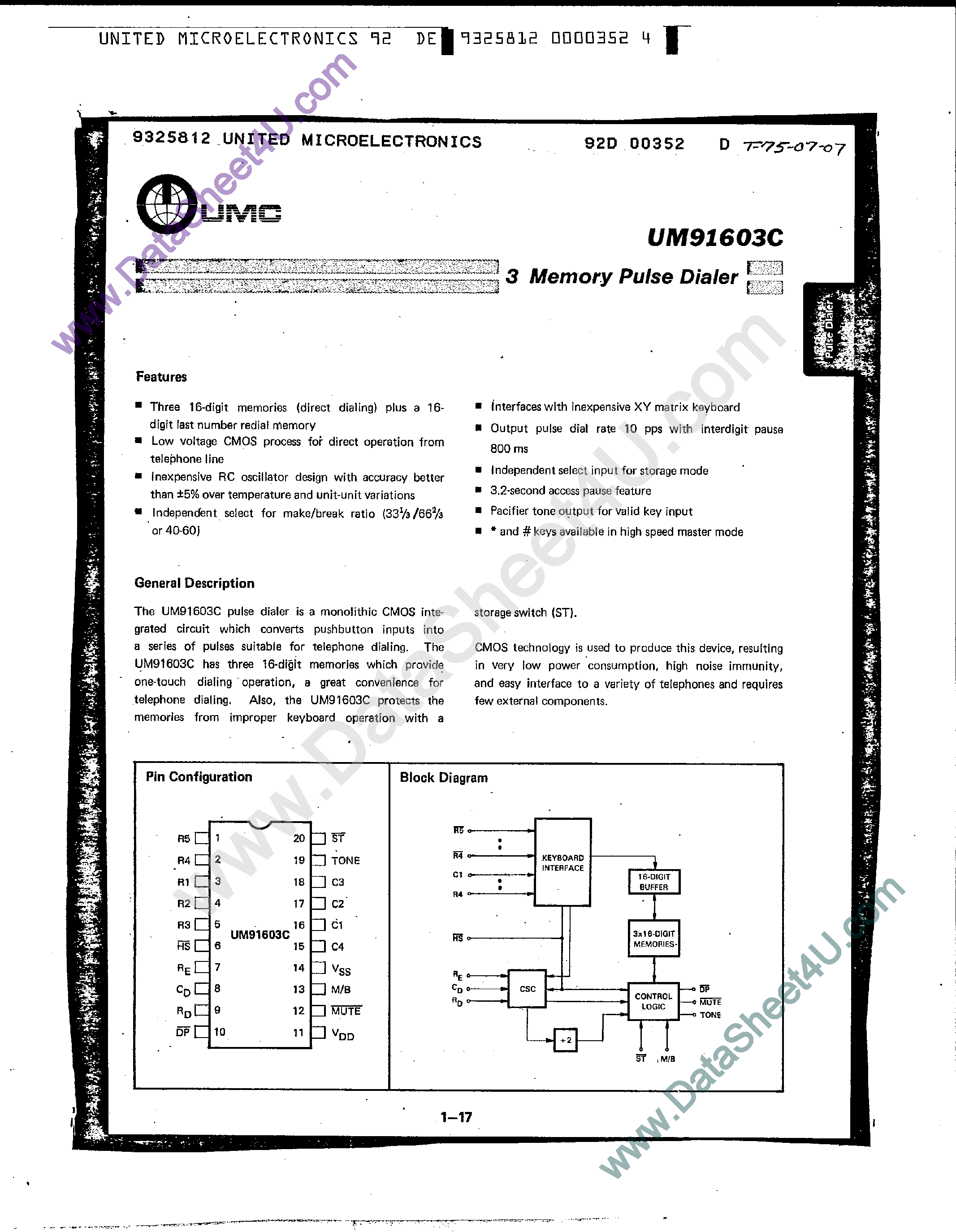 Datasheet UM91603C - 3 Memory Pulse Dialer page 1
