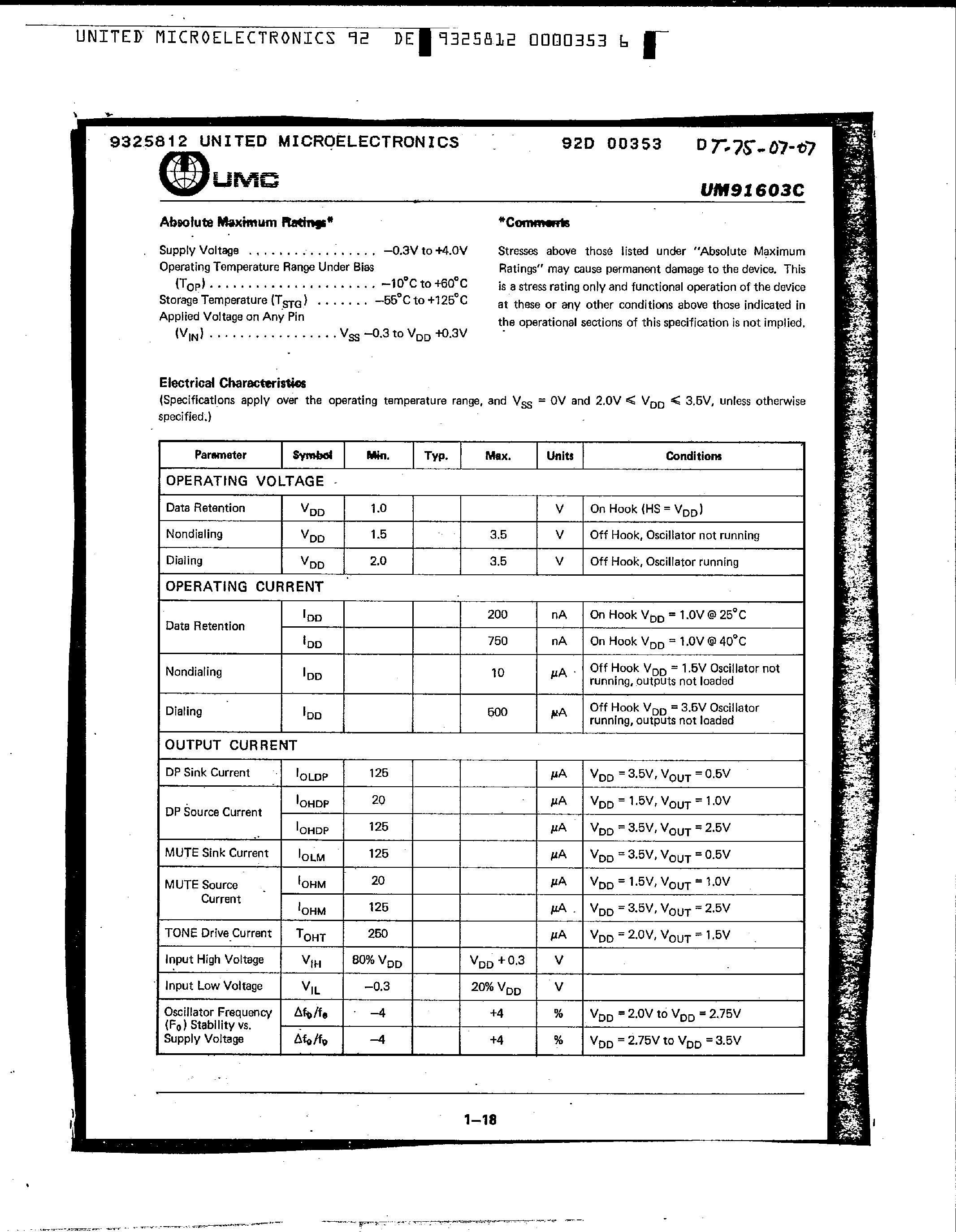 Datasheet UM91603C - 3 Memory Pulse Dialer page 2