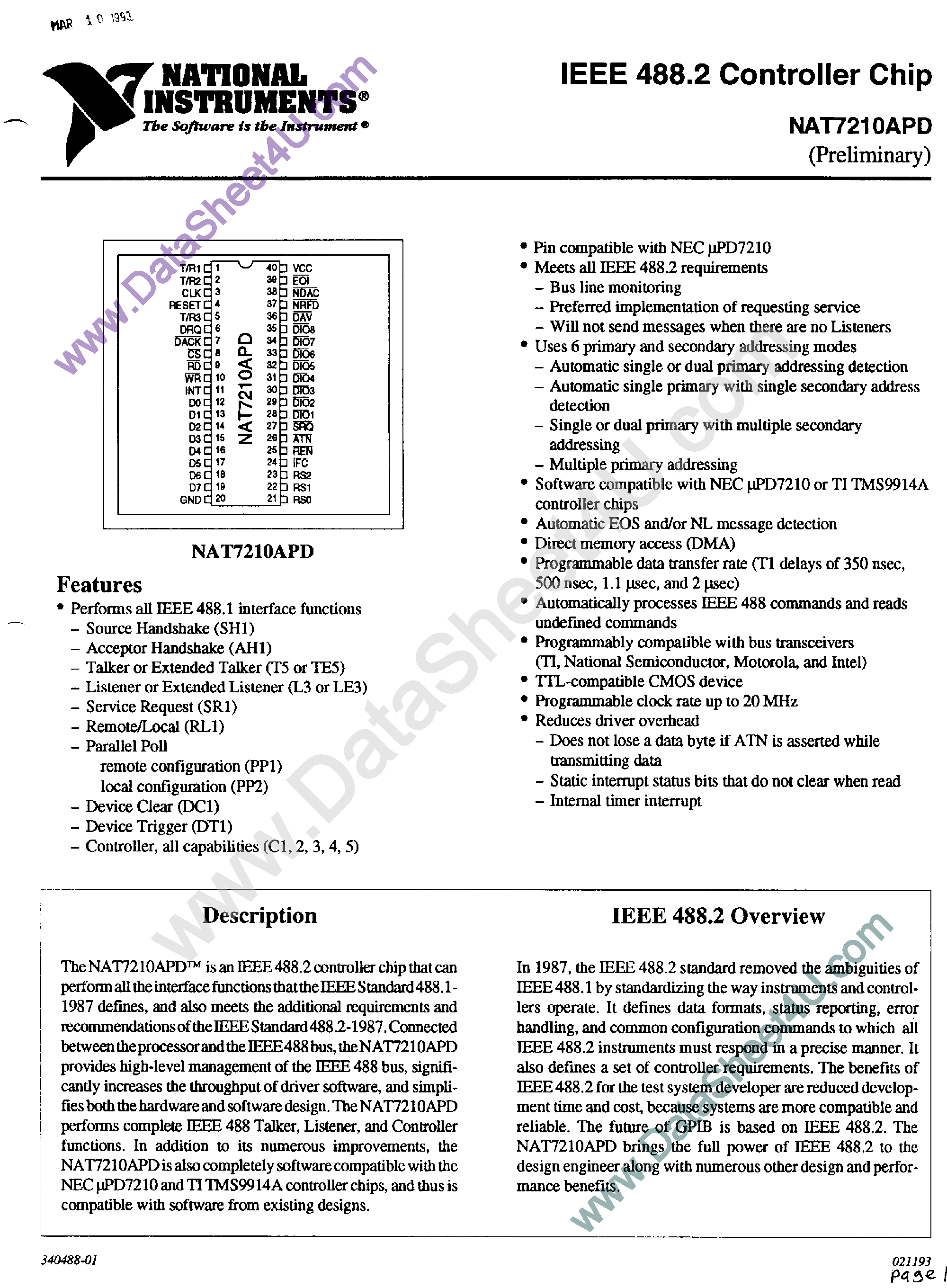 Datasheet NAT7210APD - IEEE 488.2 Controller Chip page 1