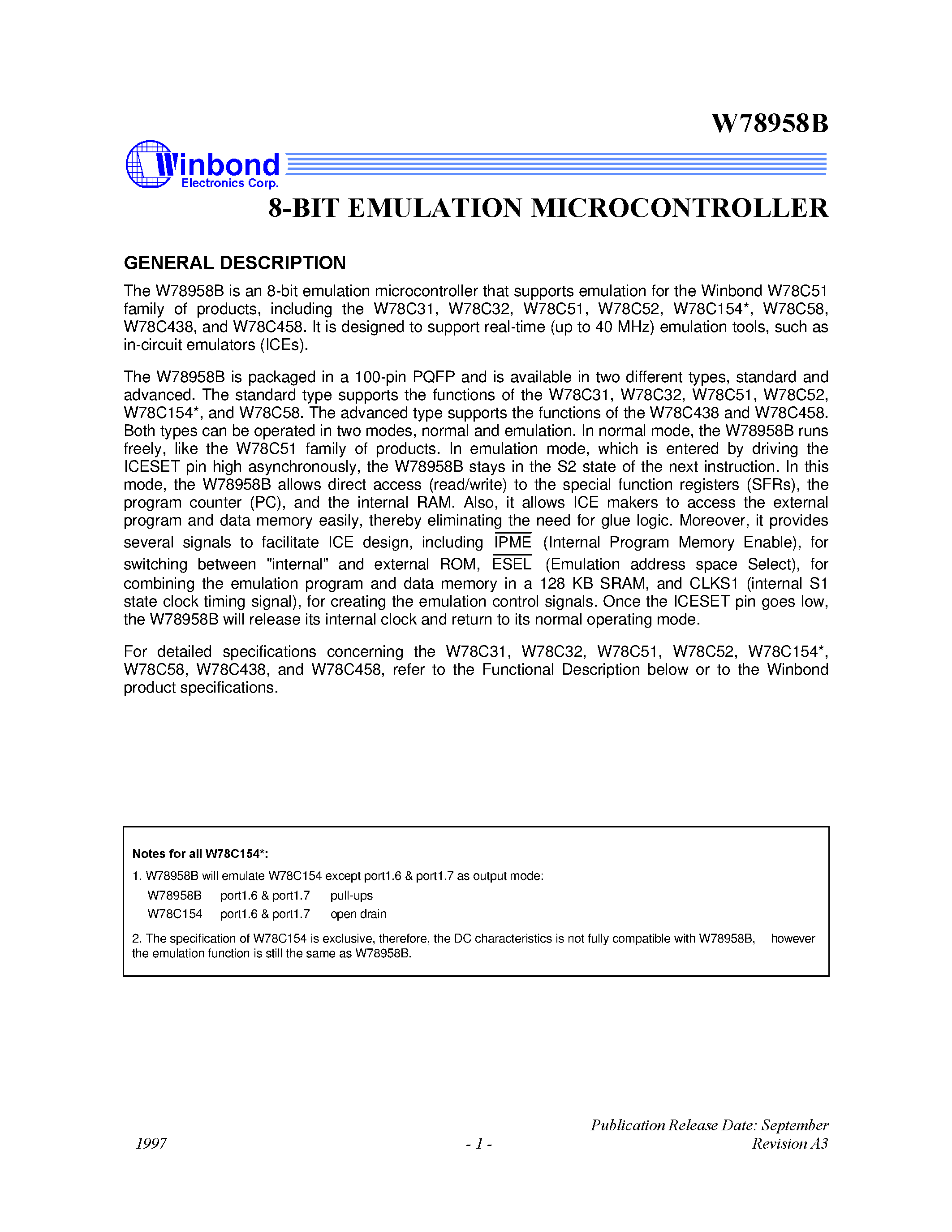 Datasheet W78C58B page 1 Datasheet W78C58B - 8-BIT EMULATION MICROCONTROLLER page 1