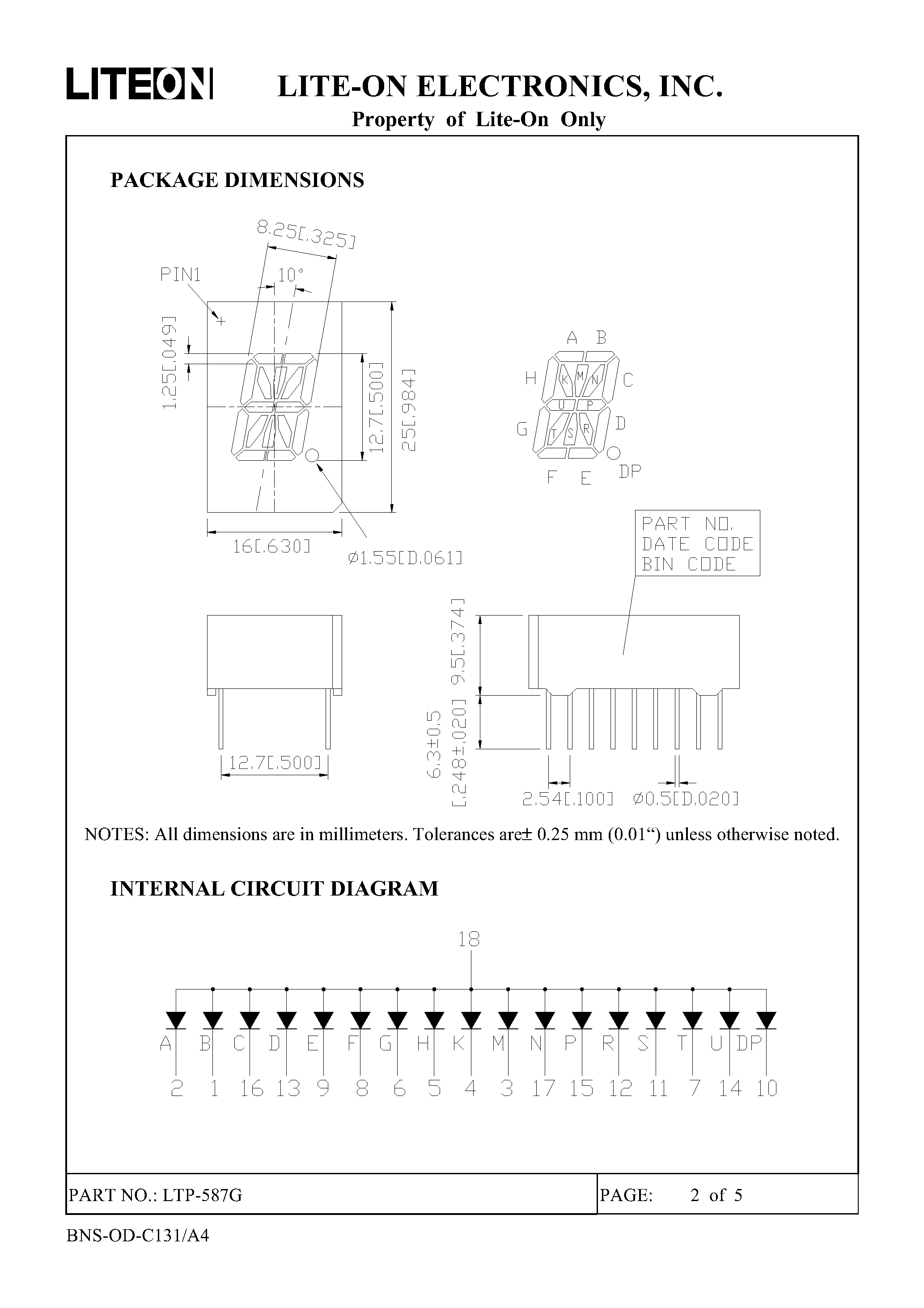 Datasheet LTP-587G page 2 Datasheet LTP-587G - 0.5 INCH HEIGHT 16 SEGMENT SINGLE DIGIT ALPHANUMERIC DISPLAY page 2