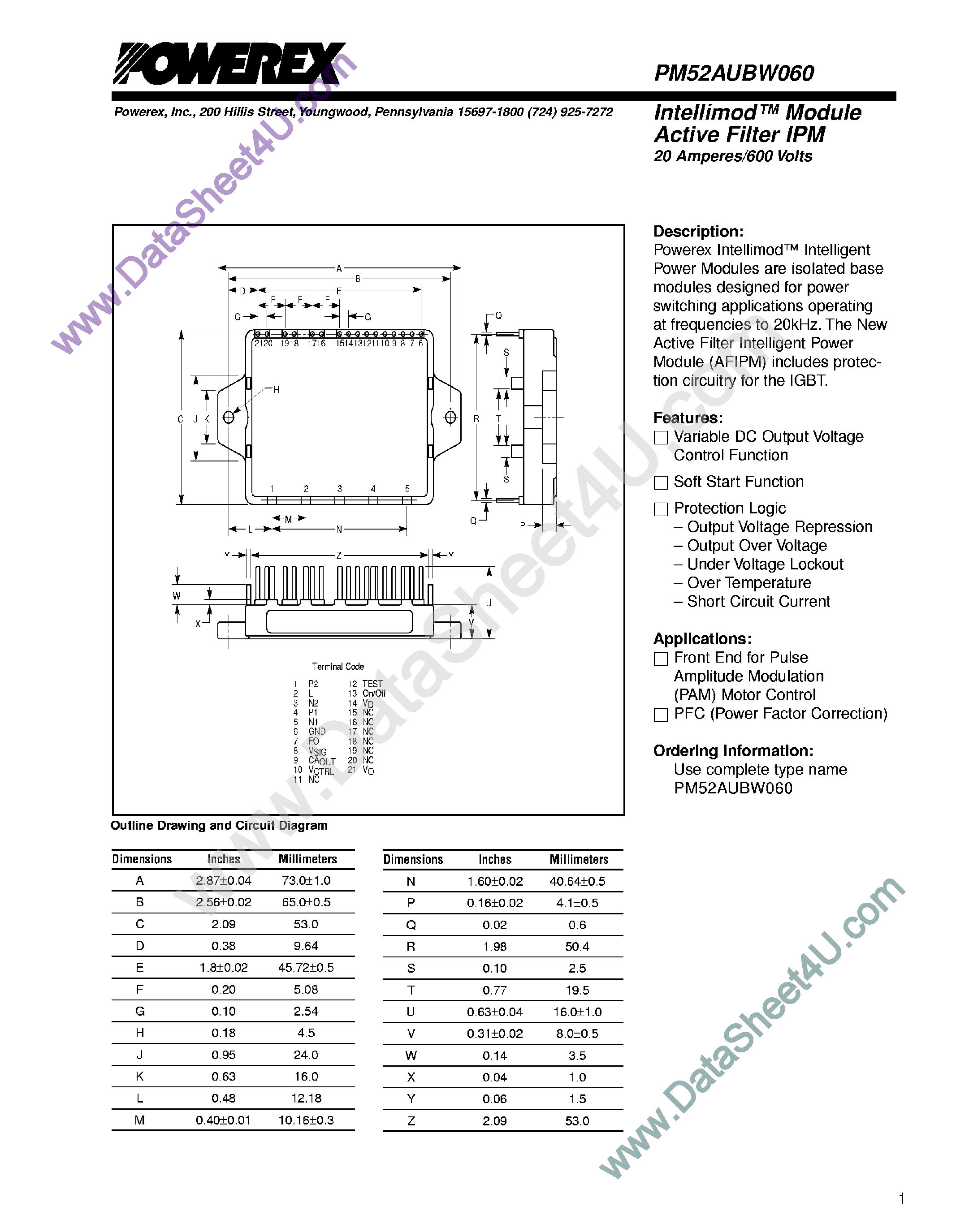 Даташит PM52AUBW060 - Active Filter IPM страница 1