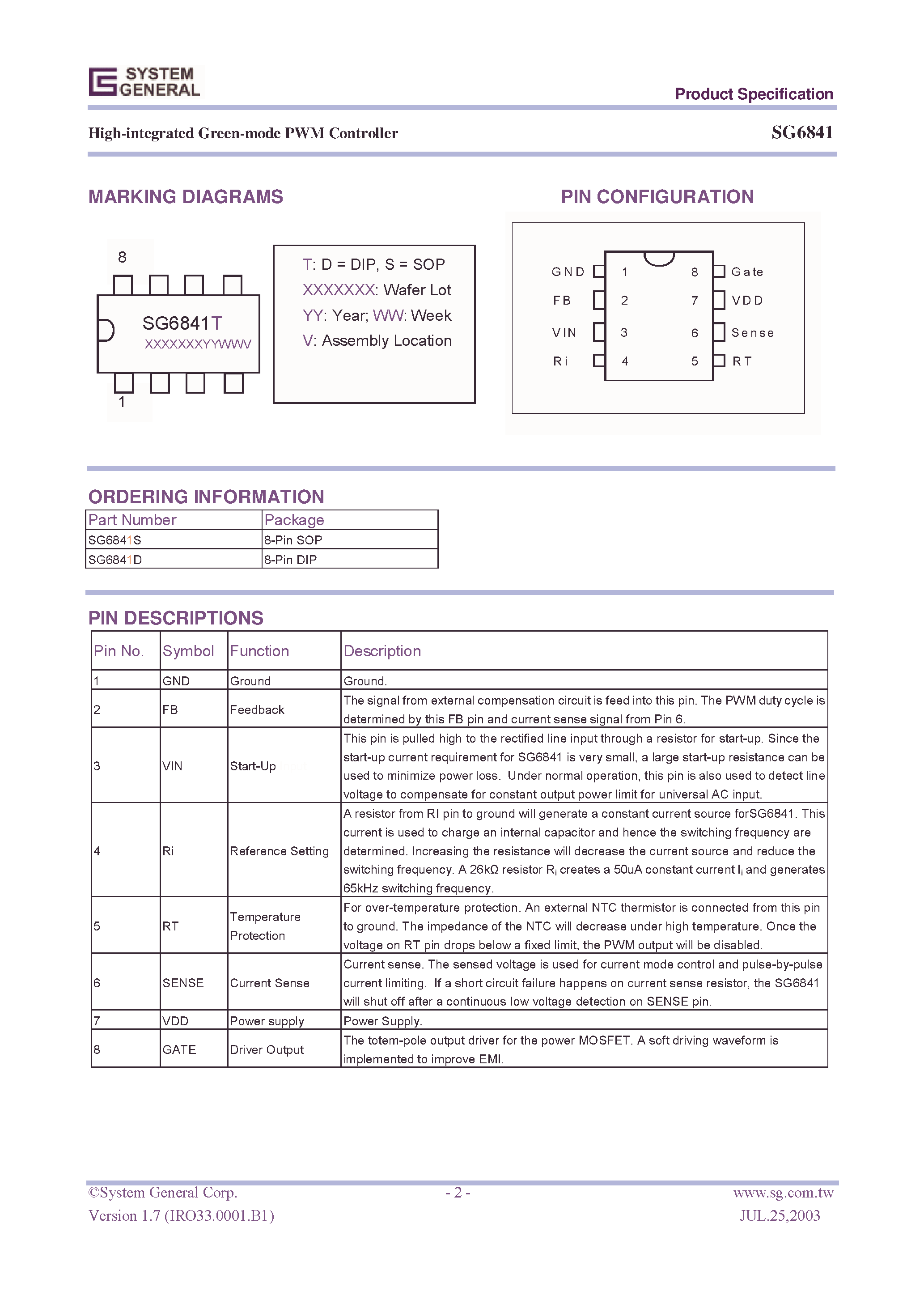 Даташит SG6841 - High-integrated Green-mode PWM Controller страница 2