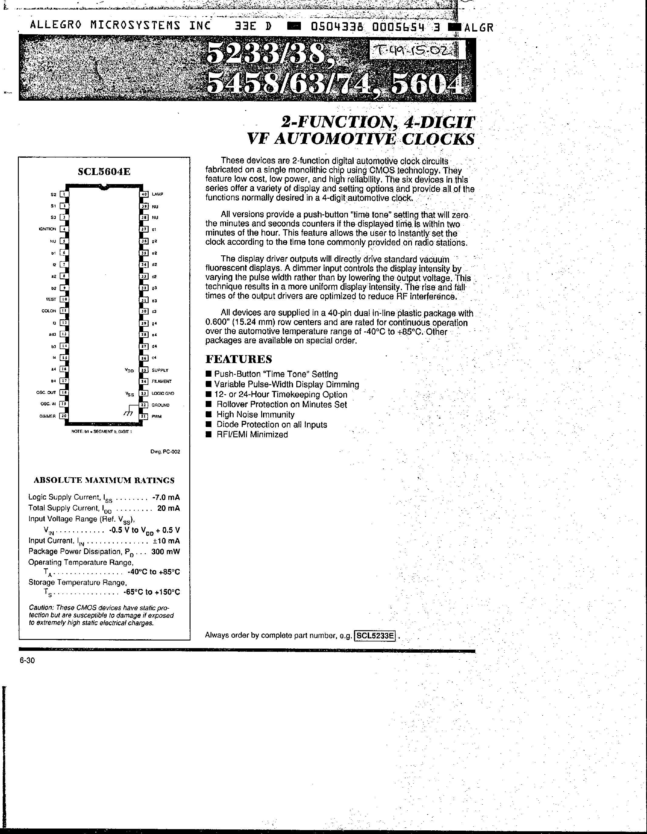 Datasheet SCL5233 - (SCLxxxx) 2 Function 4 Digital VF Automotive Clocks page 1