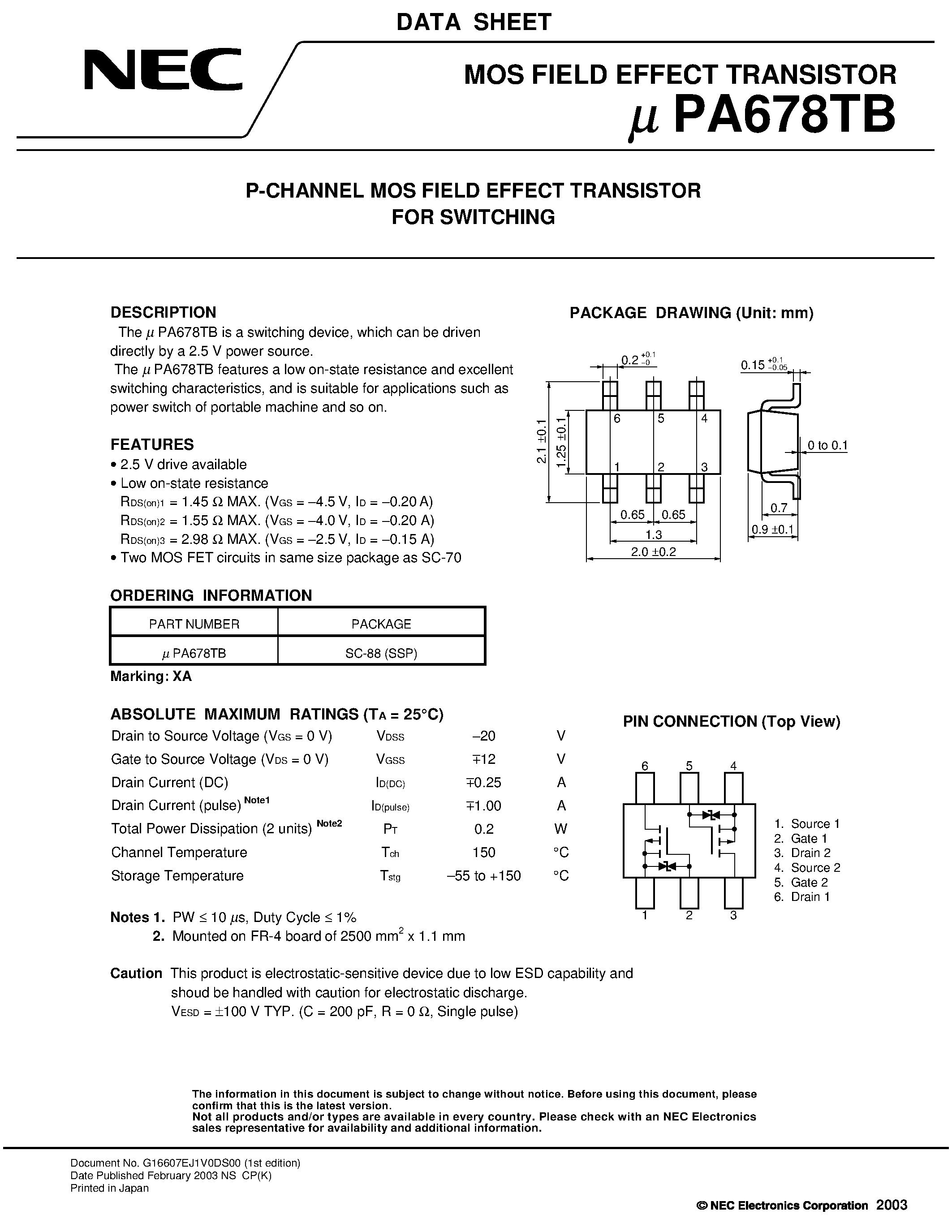 Datasheet UPA678TB - P-CHANNEL MOS FIELD EFFECT TRANSISTOR FOR SWITCHING page 1