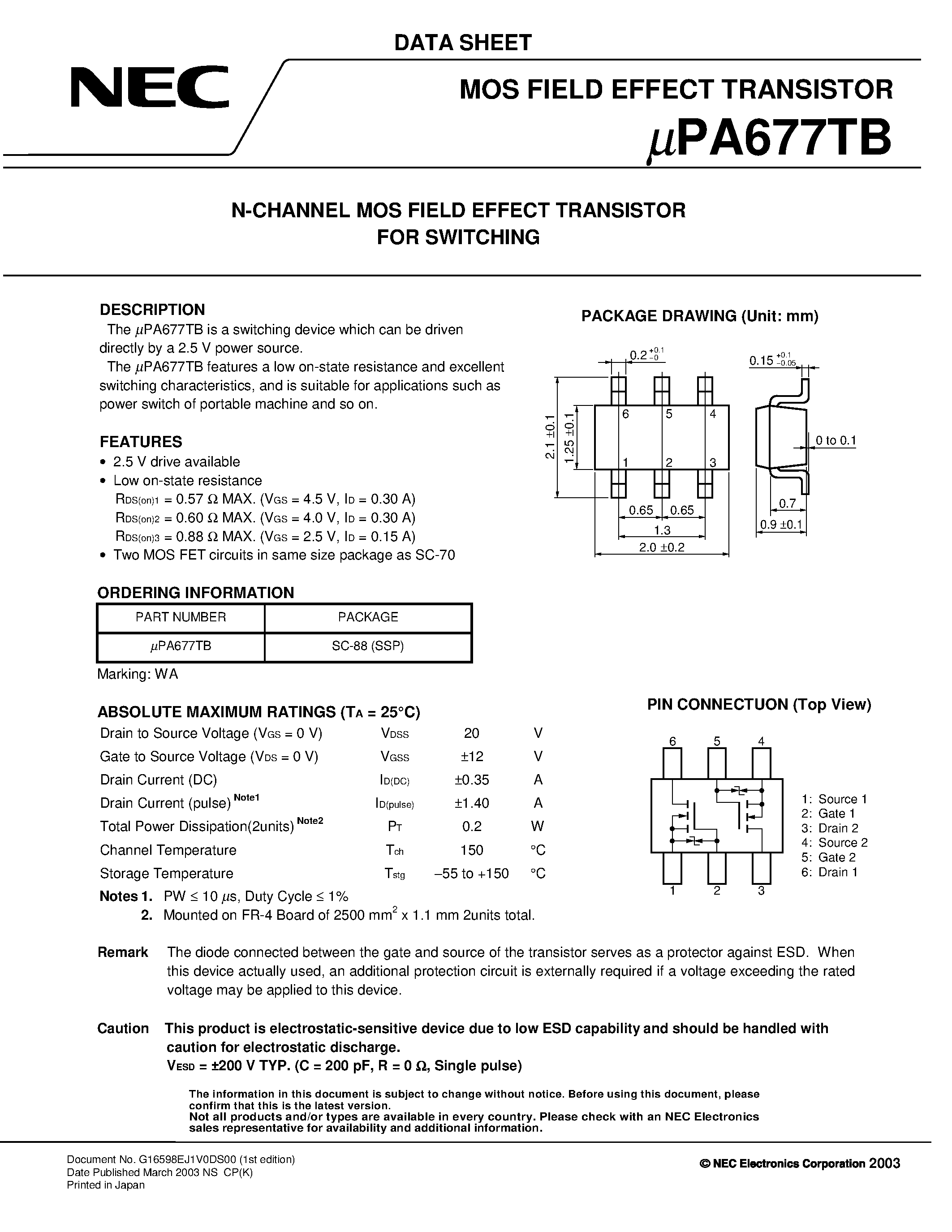 Datasheet UPA677TB - N-CHANNEL MOS FIELD EFFECT TRANSISTOR FOR SWITCHING page 1