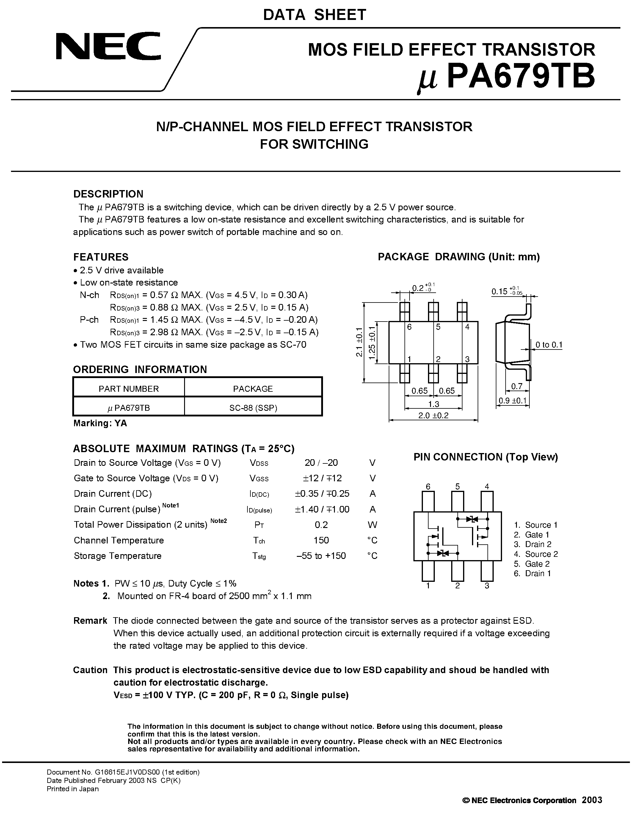 Datasheet UPA679TB - N/P-CHANNEL MOS FIELD EFFECT TRANSISTOR FOR SWITCHING page 1