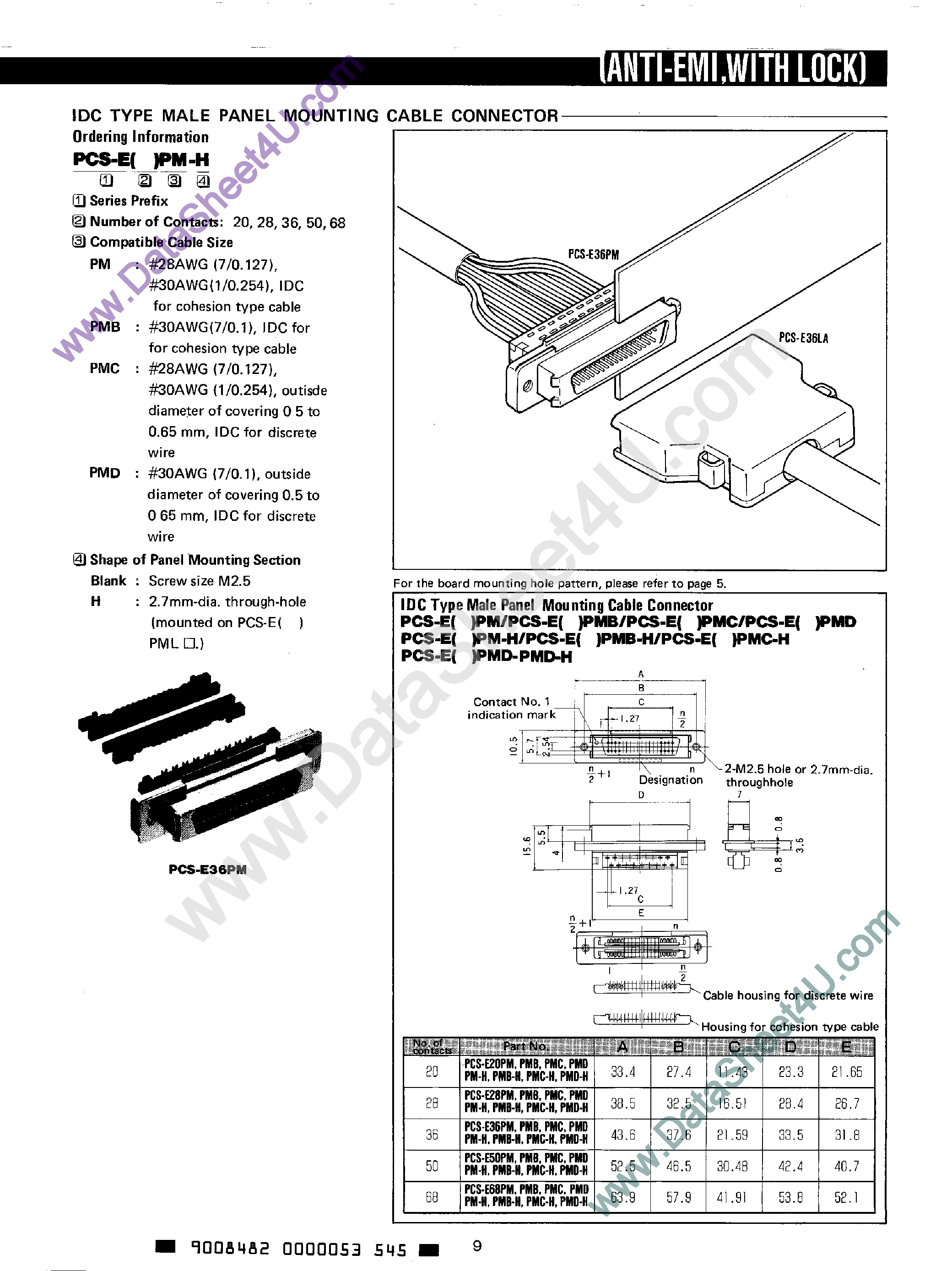Datasheet PCS-E20PM - (PCS-ExxPM-H) IDC Type Male Panel Mounting Cable Connector page 1