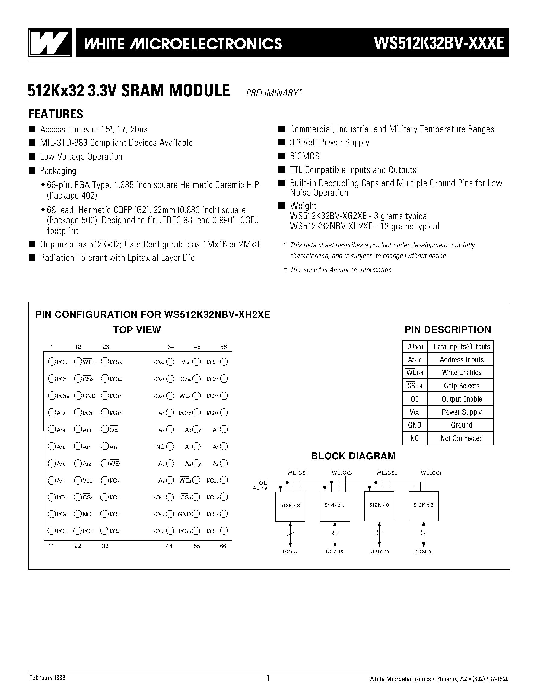 Даташит на микросхему WS512K32BV страница 1 Даташит WS512K32BV - 512Kx32 3.3V SRAM MODULE страница 1