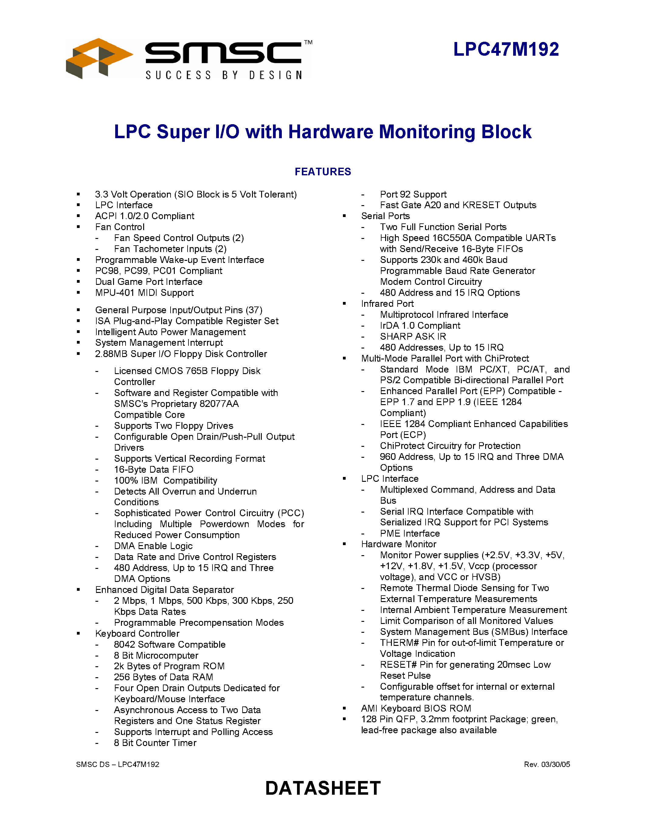 Datasheet LPC47M192 - LPC SUPER I/O WITH HARDWARE MONITORING BLOCK page 1