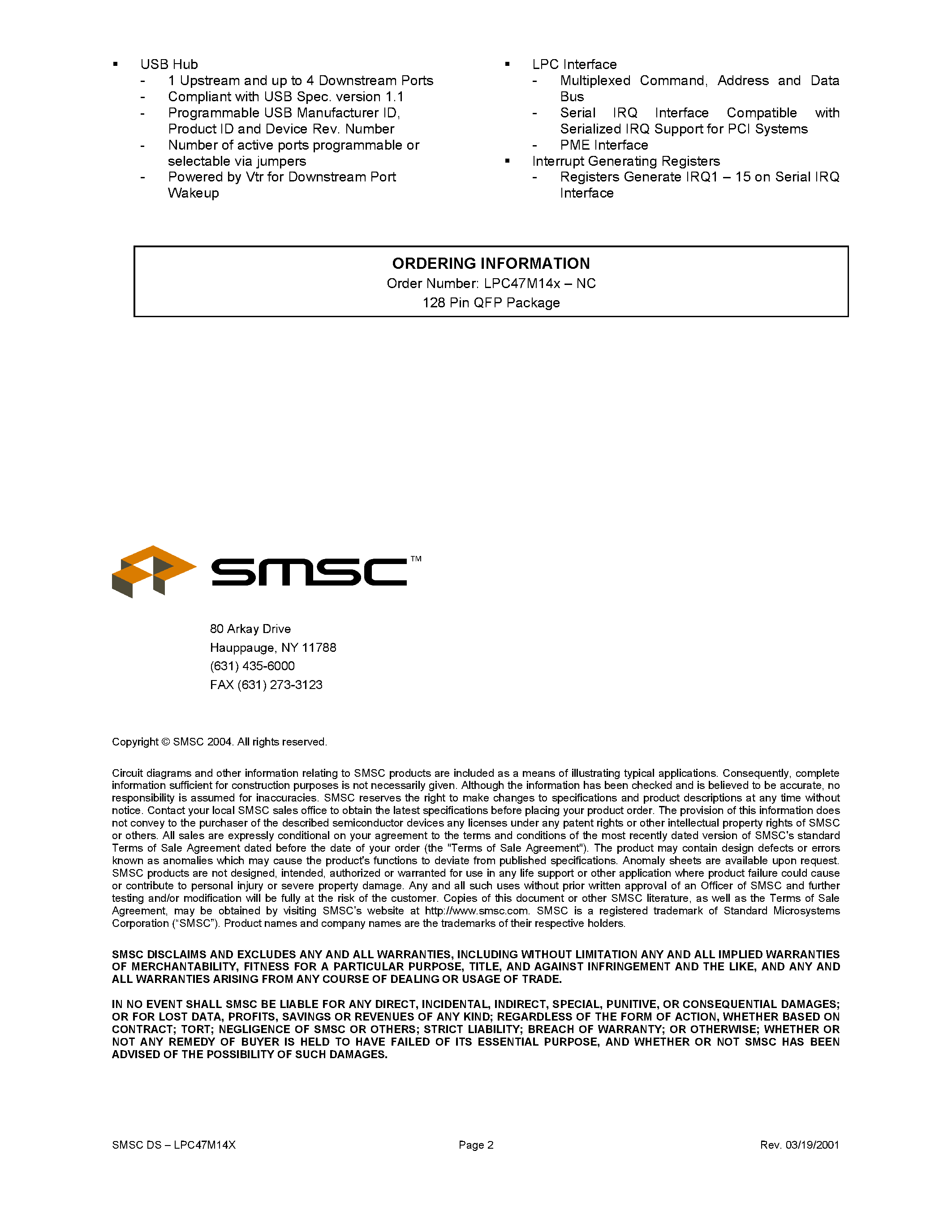 Datasheet LPC47M14x - 128 PIN ENGANCED SUPER I/O CONTROLLER WITH AN LPC INTERFACE AND USB HUB page 2