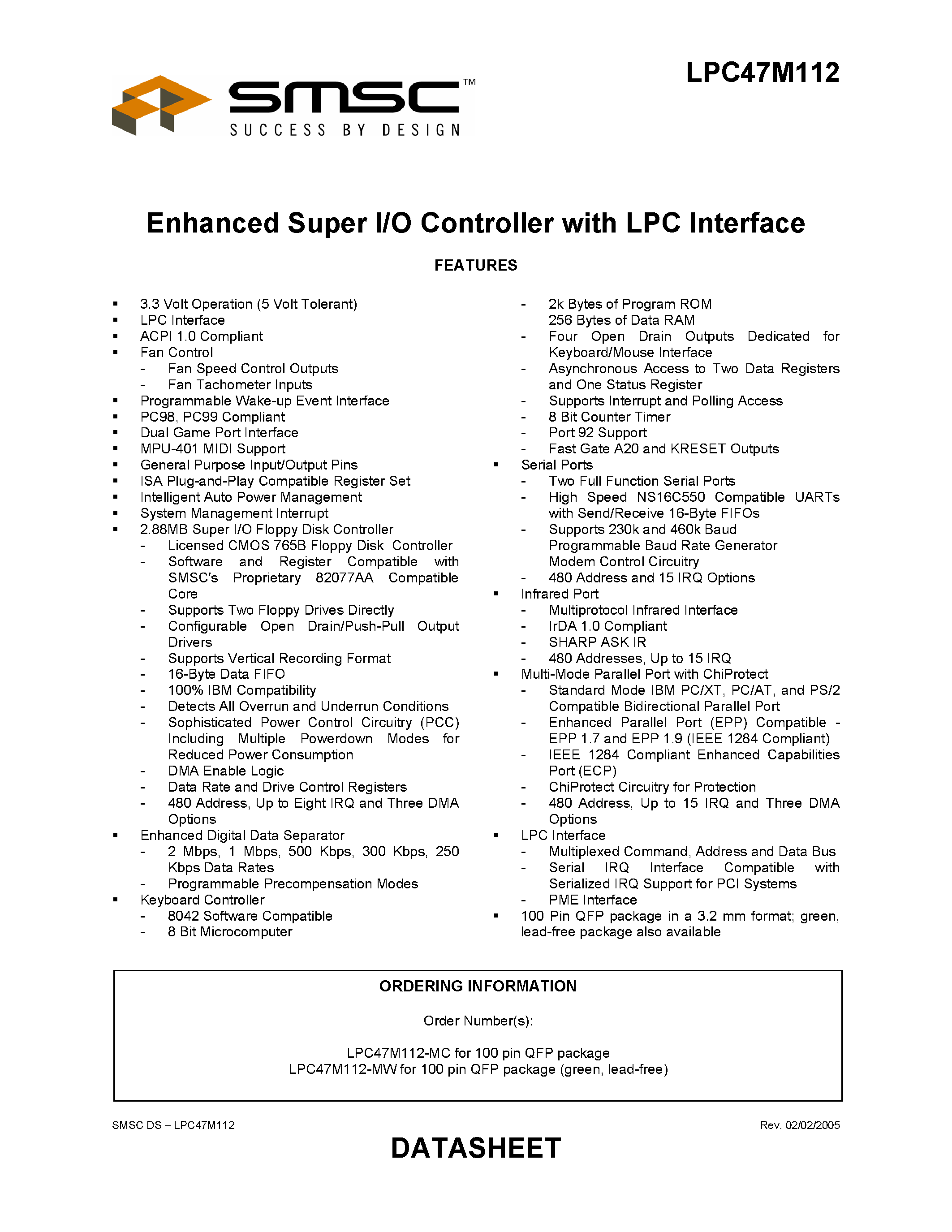 Datasheet LPC47M112 - ENHANCED SUPER I/O CONTROLLER WITH LPC INTERFACE page 1