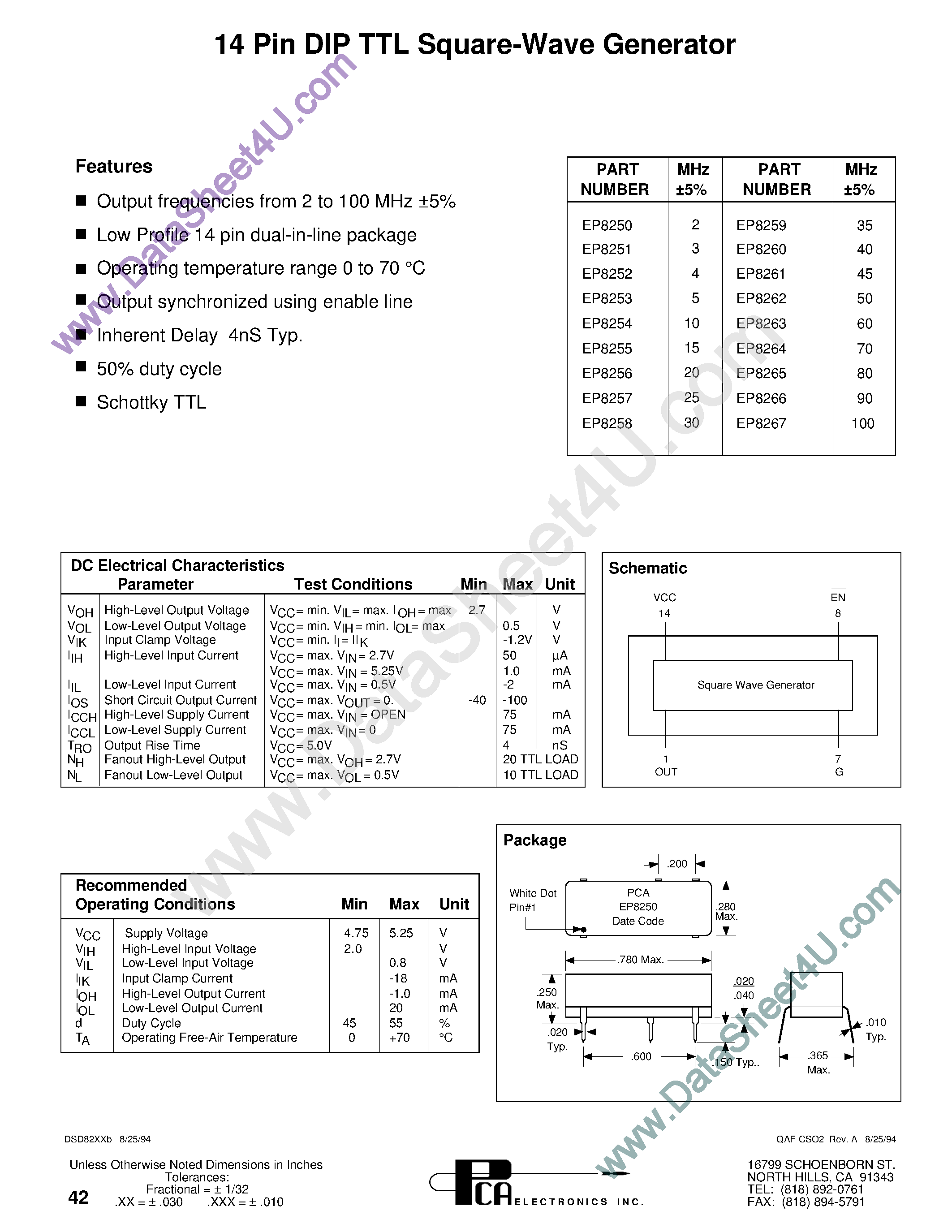 Datasheet EP8250 - (EP825x) 14-Pin DIP TTL Square-Wave Generator page 1