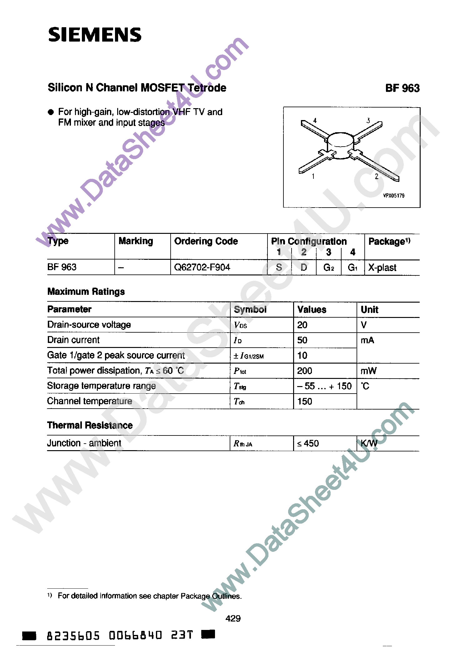 Datasheet BF963 - Silicon N-Channel MOSFET Tetrode page 1