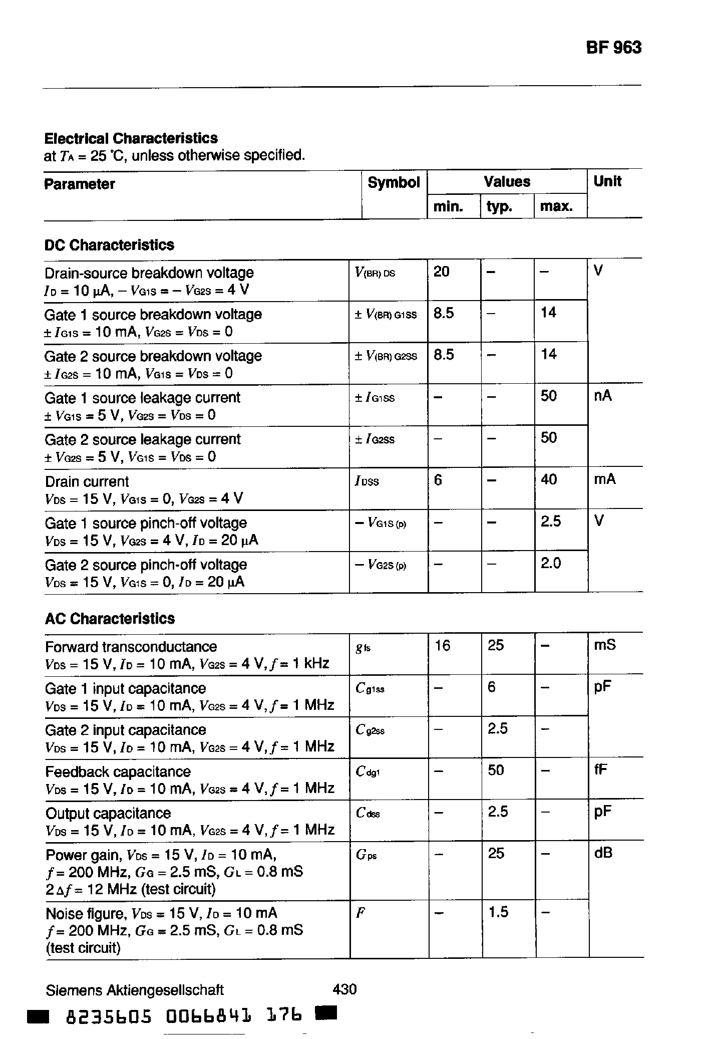 Datasheet BF963 - Silicon N-Channel MOSFET Tetrode page 2