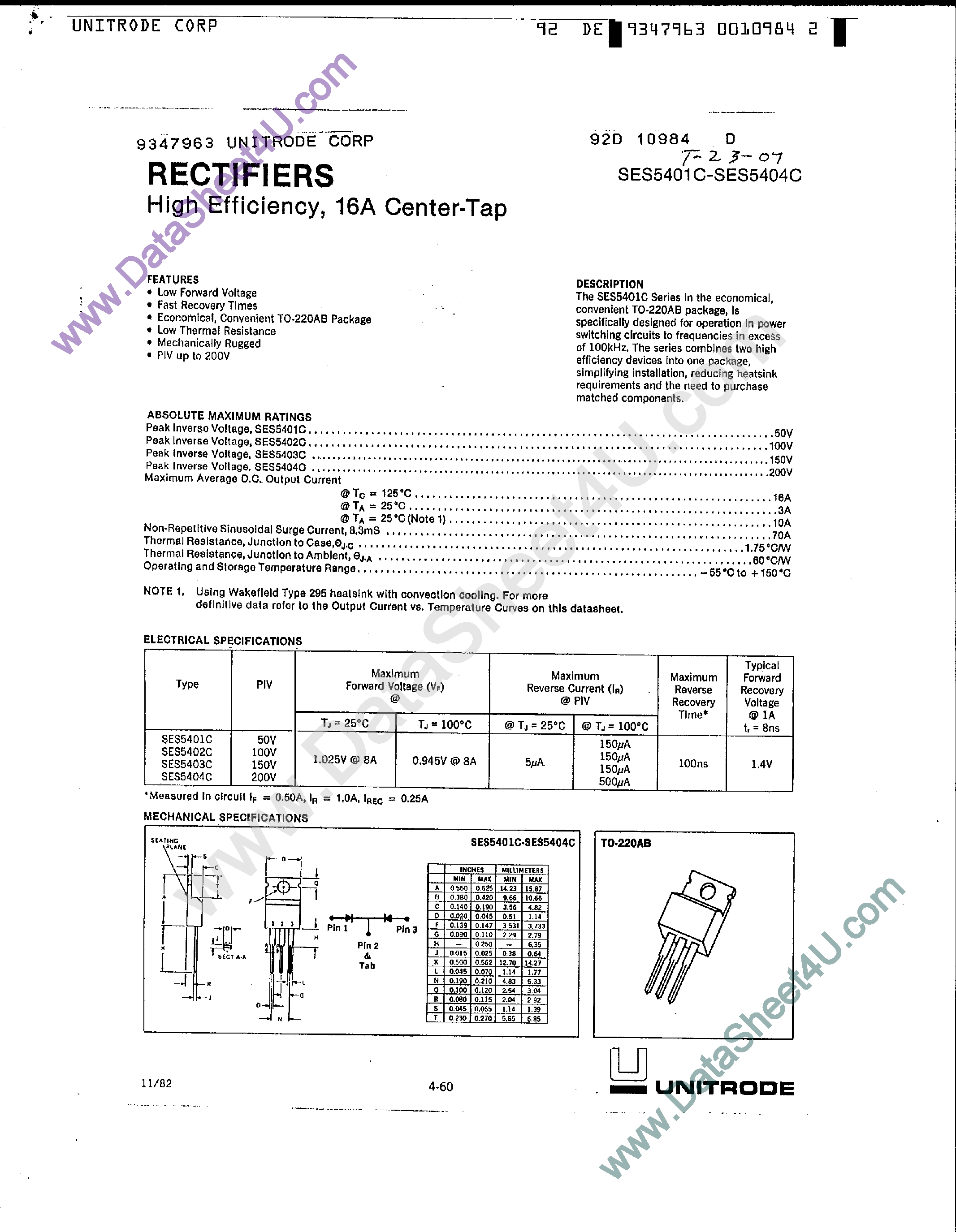 Datasheet SE5401C page 1 Datasheet SE5401C - (SE5401C - SE5404C) High Efficiency Rectifiers page 1