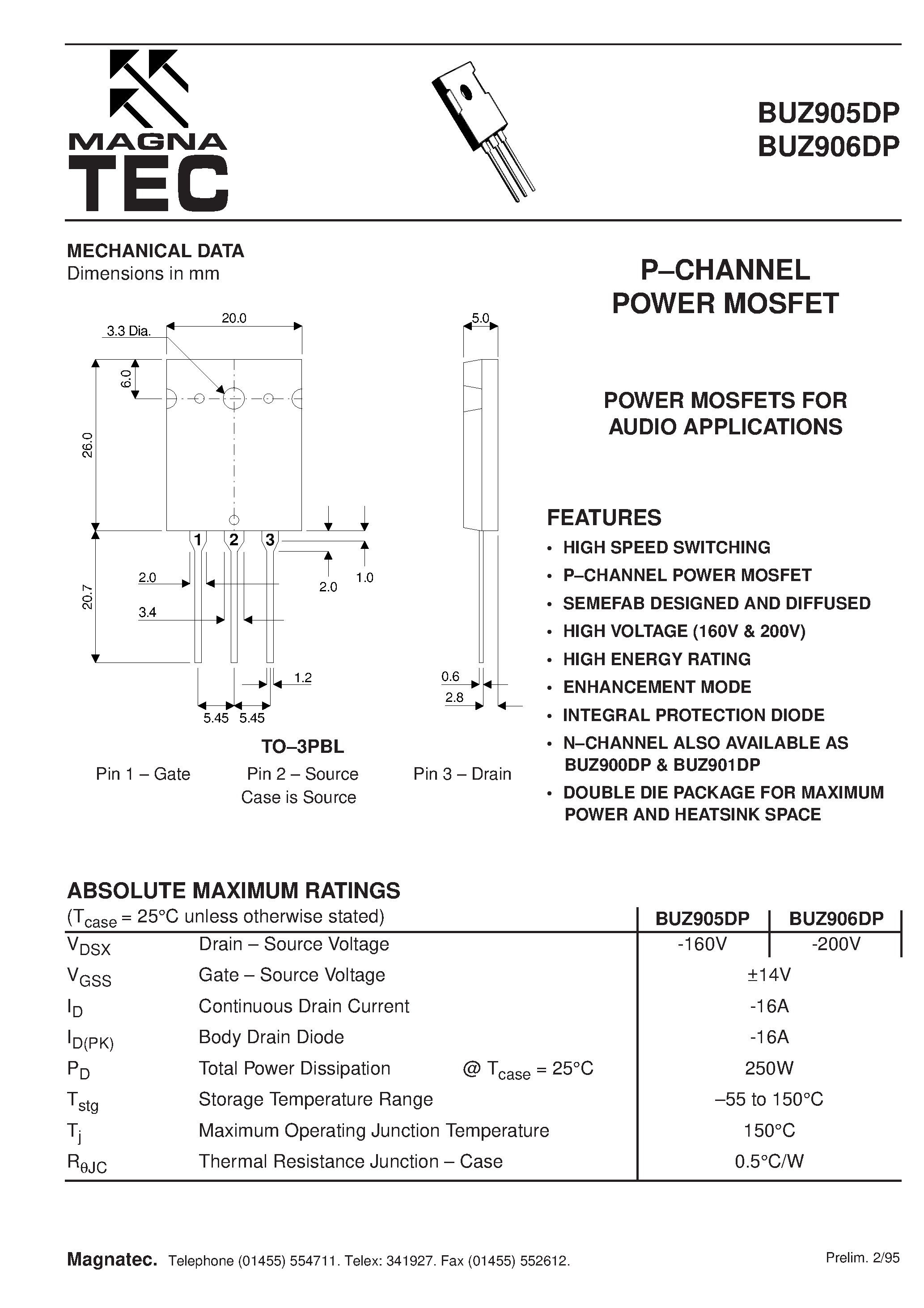 Datasheet BUZ905DP page 1 Datasheet BUZ905DP - (BUZ905DP / BUZ906DP) P-CHANNEL POWER MOSFET FOR AUDIO APPLICATIONS page 1
