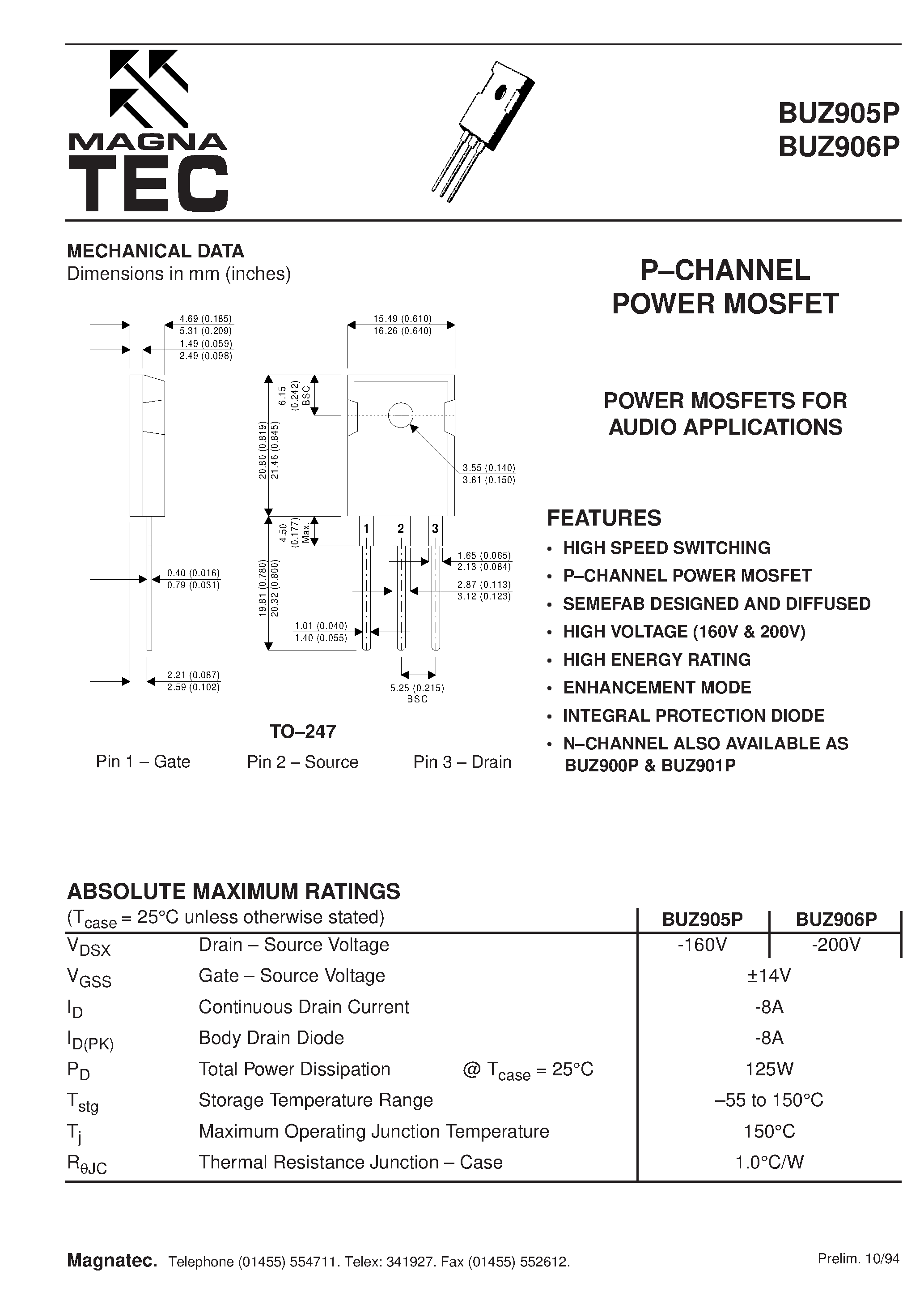 Даташит BUZ905P - (BUZ905P / BUZ906P) P-CHANNEL POWER MOSFET страница 1