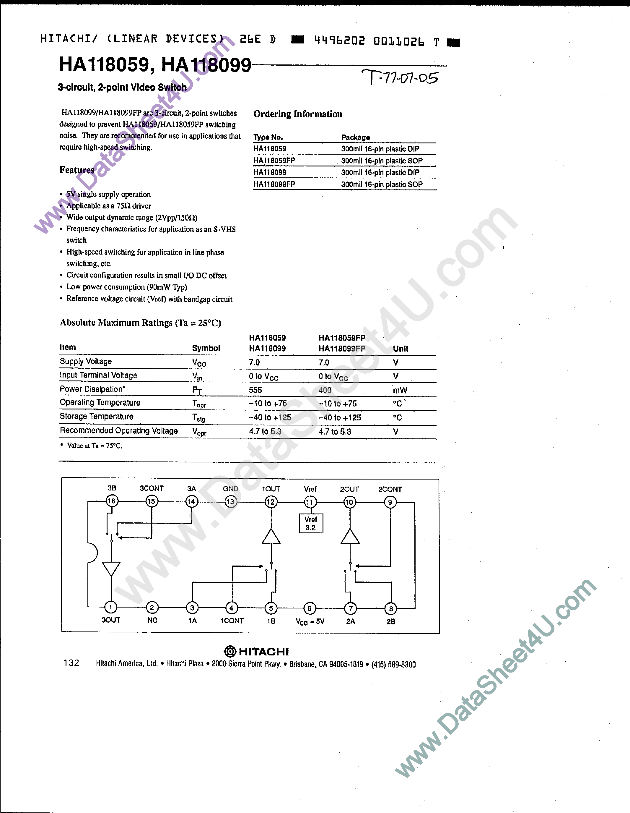 Даташит HA118059 - (HA118059 / HA118099) 3-Circuit / 2-Point Video Switch страница 1