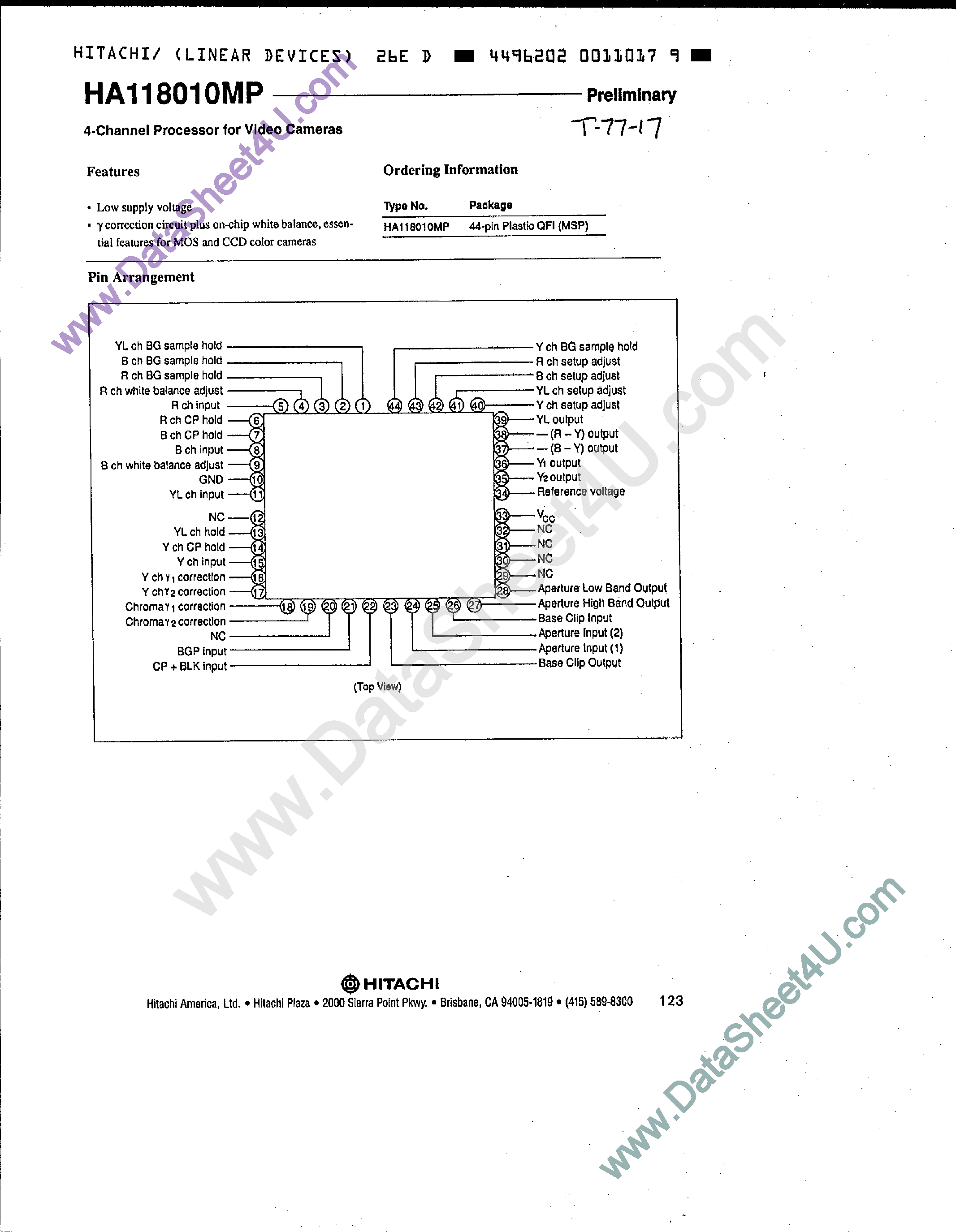 Даташит HA118010MP - 4-Channel Processor for Video Cameras страница 1