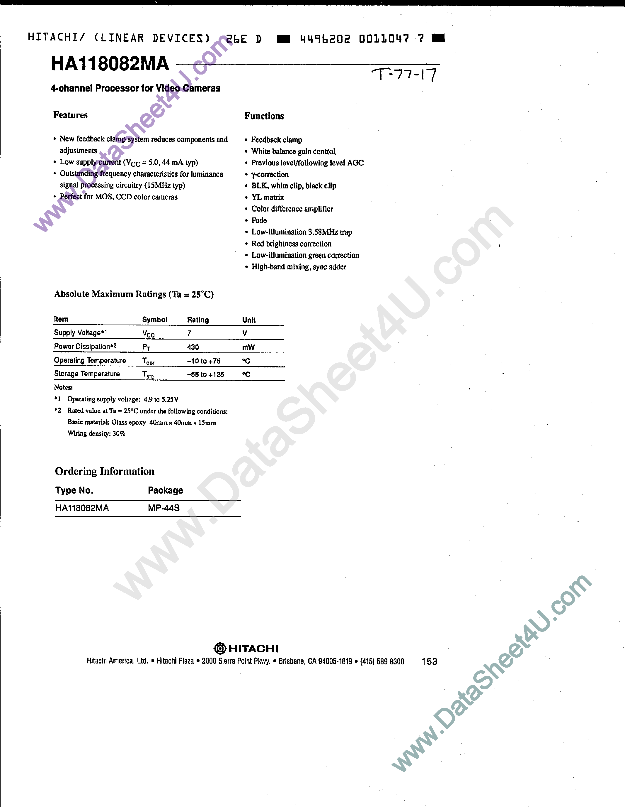 Даташит HA118082MA - 4-Channel Processor for Video Cameras страница 1